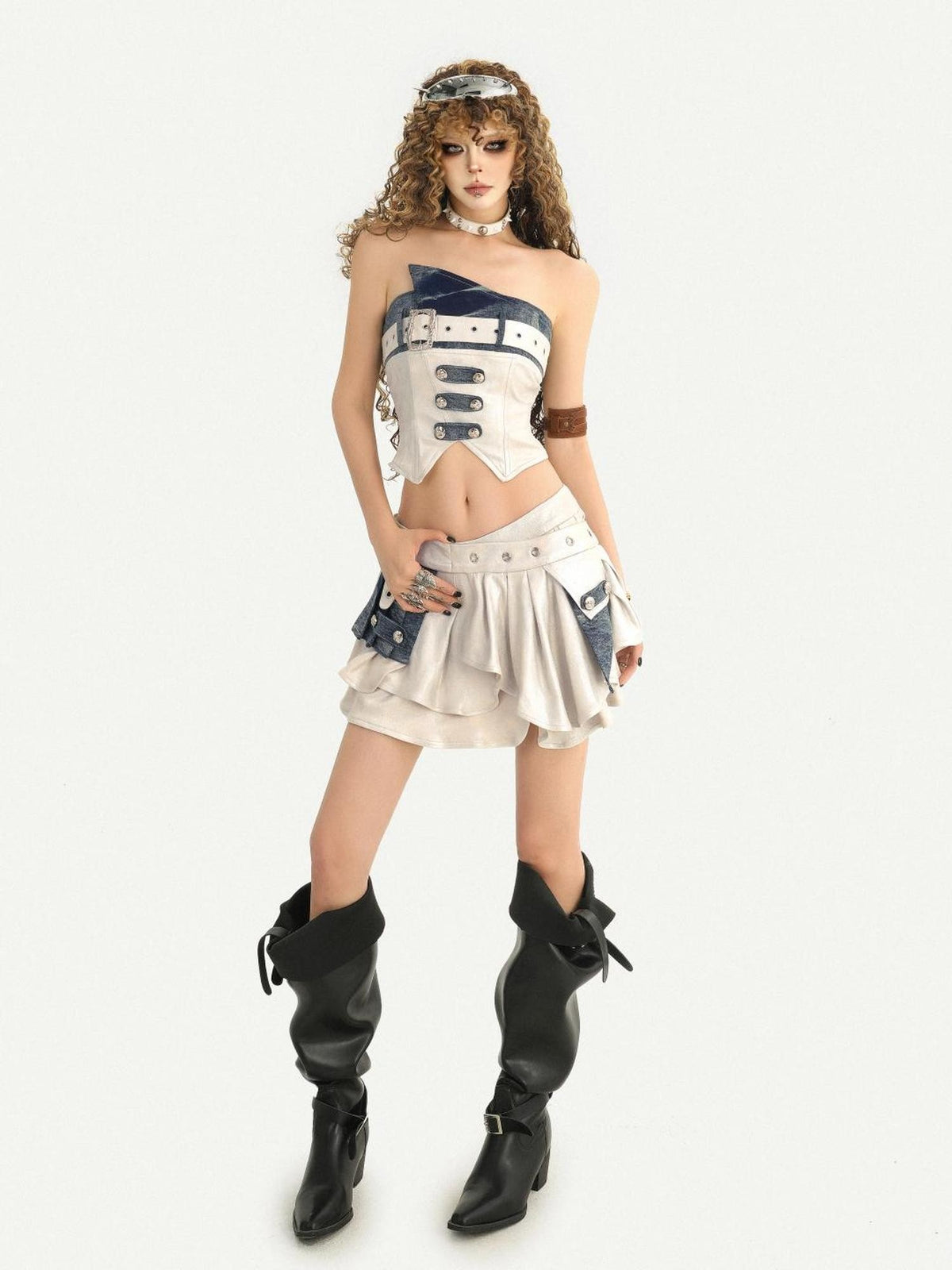 Nico Molly Silver Studded Patchwork Strapless Women&