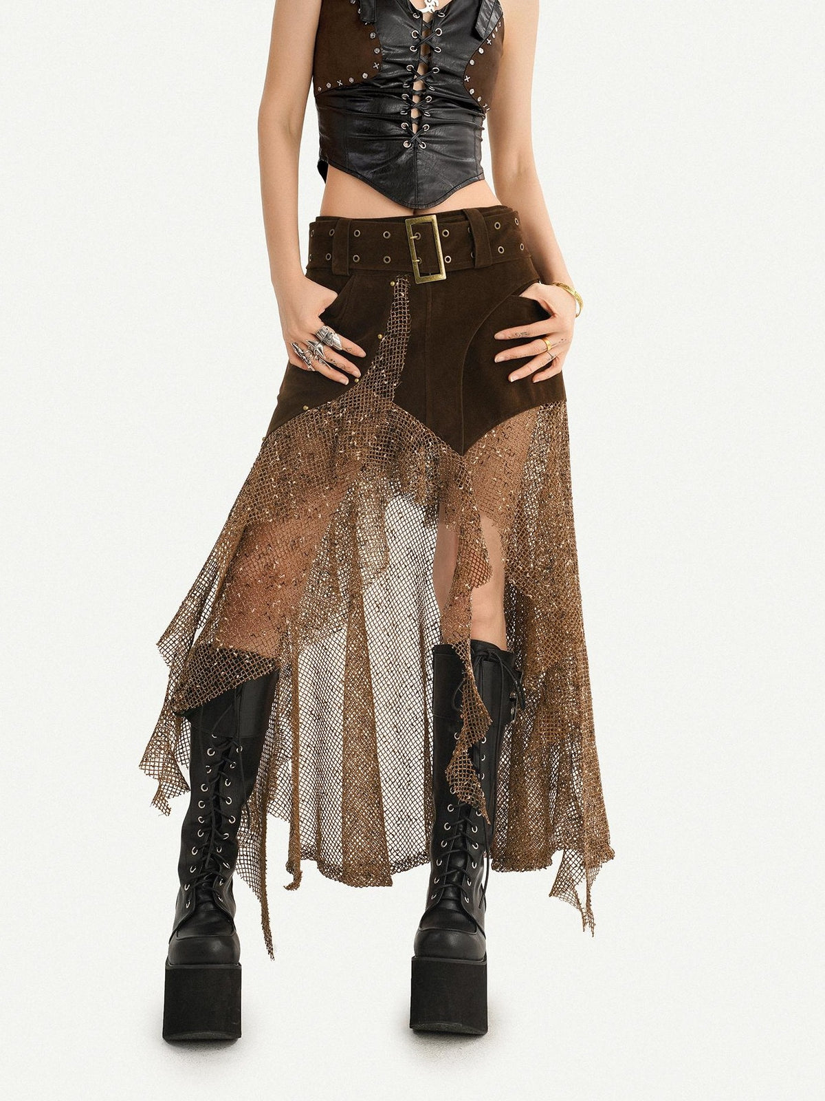 Nico Molly Steampunk Patchwork Asymmetric Mesh Women&