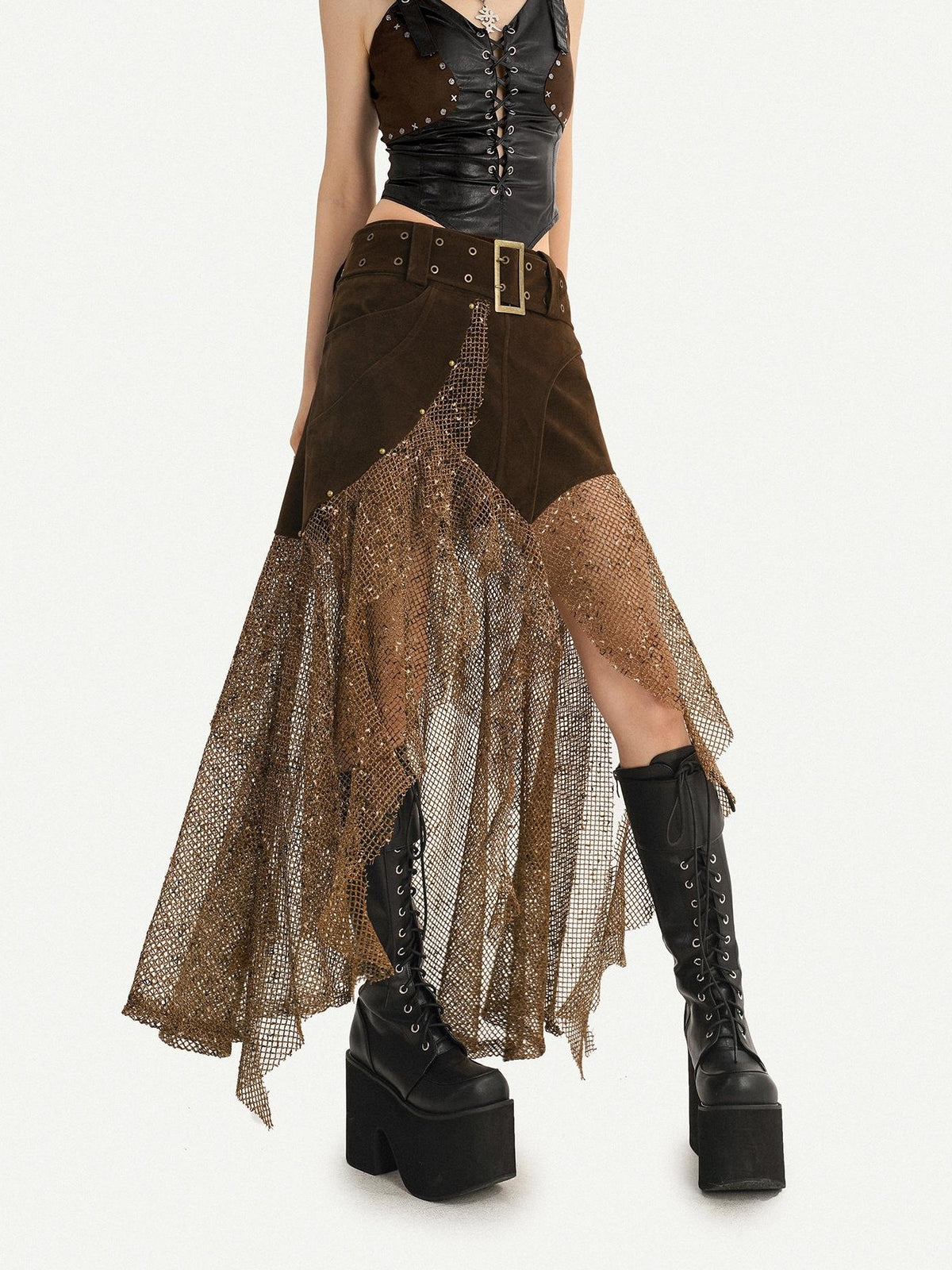 Nico Molly Steampunk Patchwork Asymmetric Mesh Women&