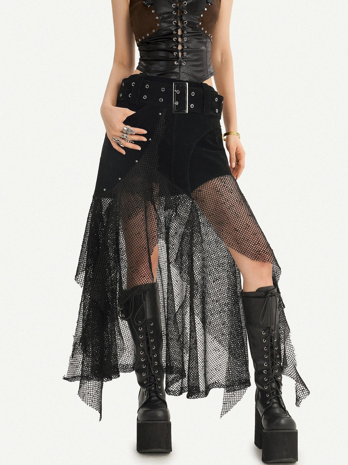 Nico Molly Steampunk Patchwork Asymmetric Mesh Women&