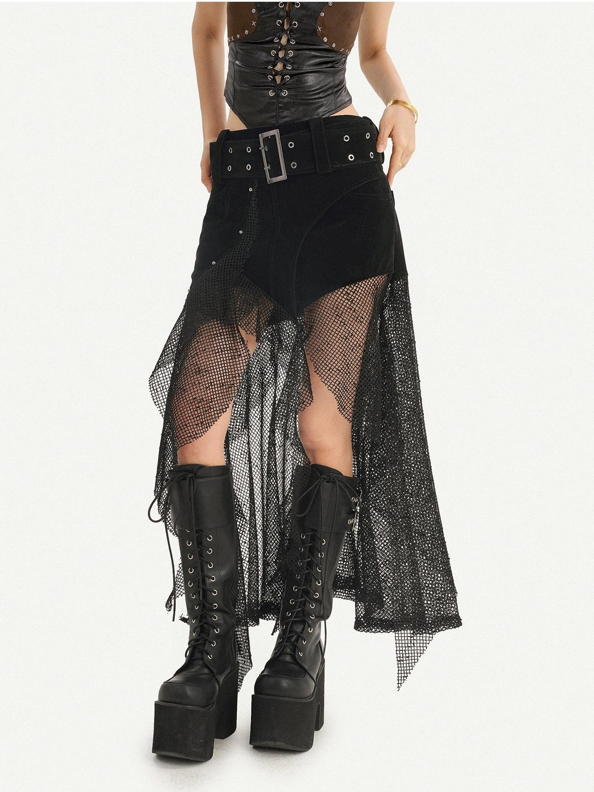 Nico Molly Steampunk Patchwork Asymmetric Mesh Women&