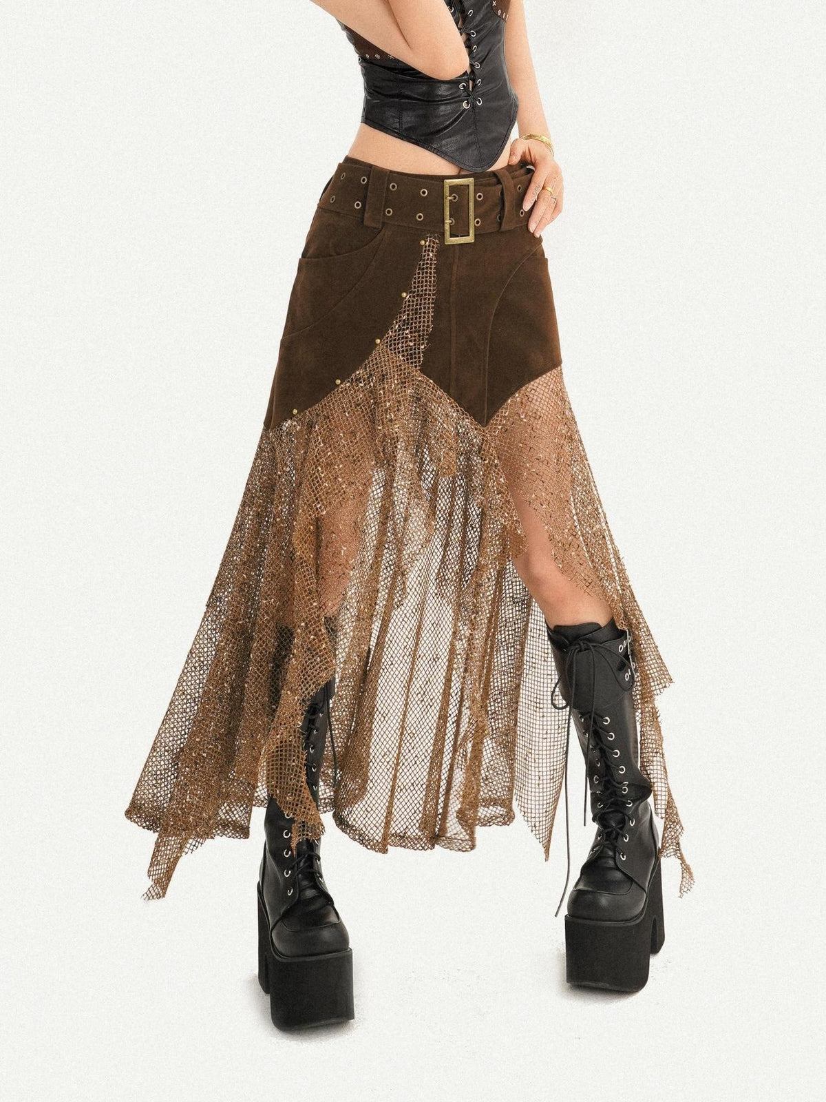 Nico Molly Steampunk Patchwork Asymmetric Mesh Women&