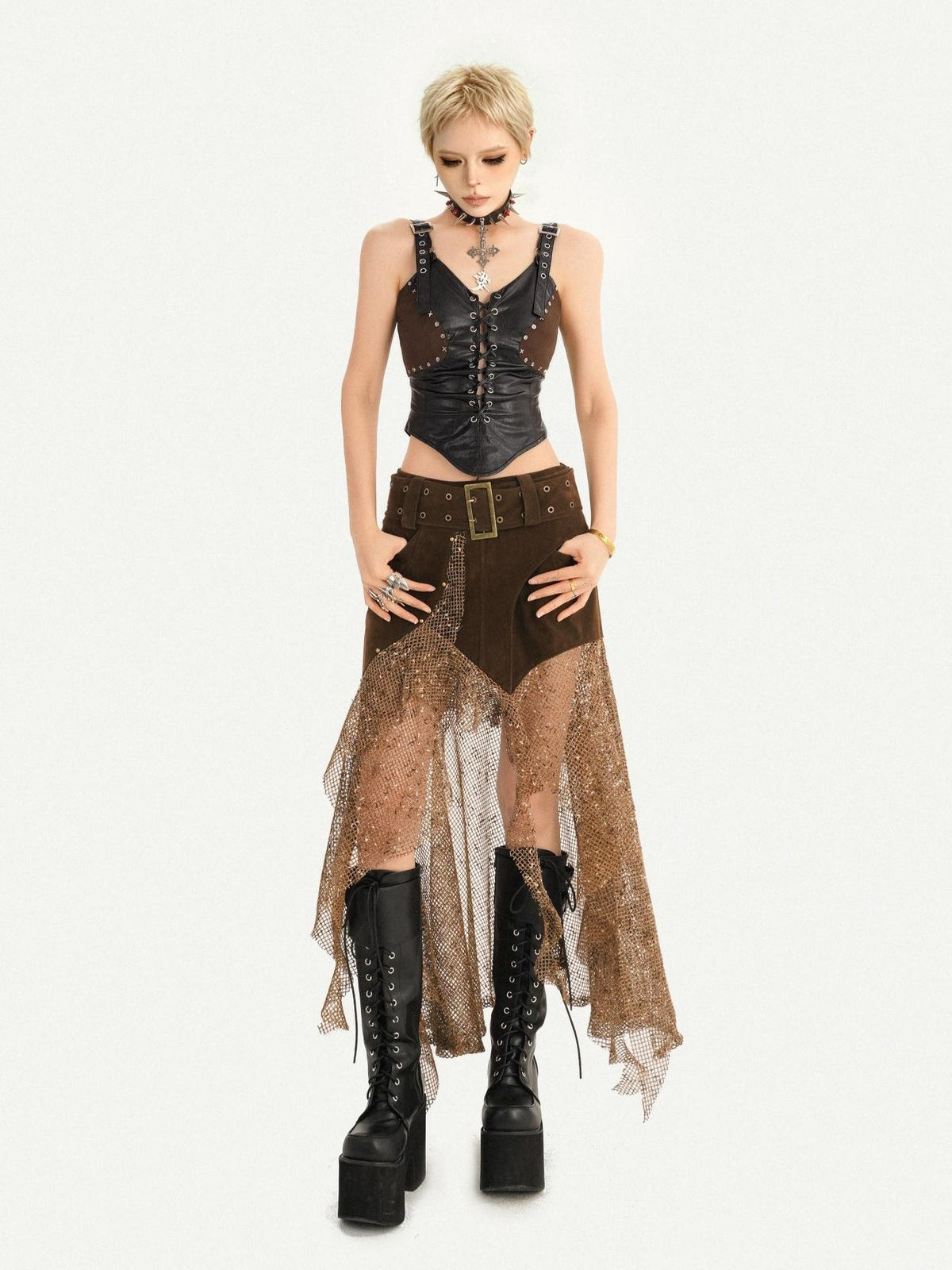 Nico Molly Steampunk Patchwork Asymmetric Mesh Women&