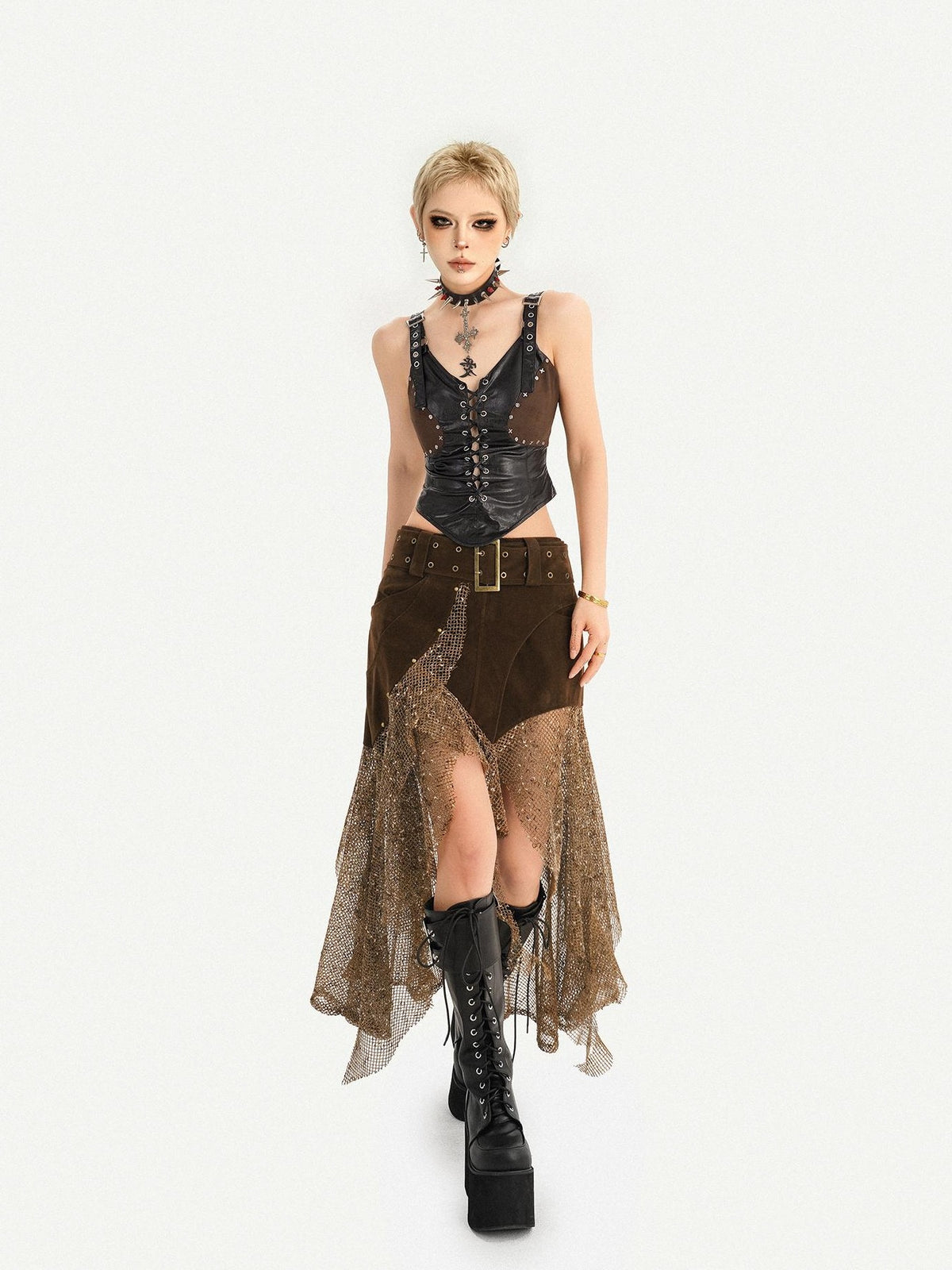 Nico Molly Steampunk Patchwork Asymmetric Mesh Women&