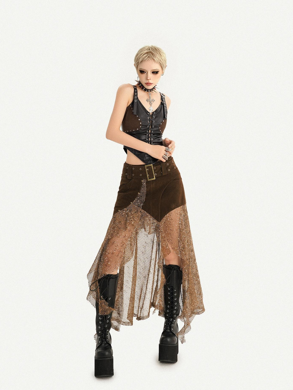 Nico Molly Steampunk Patchwork Asymmetric Mesh Women&