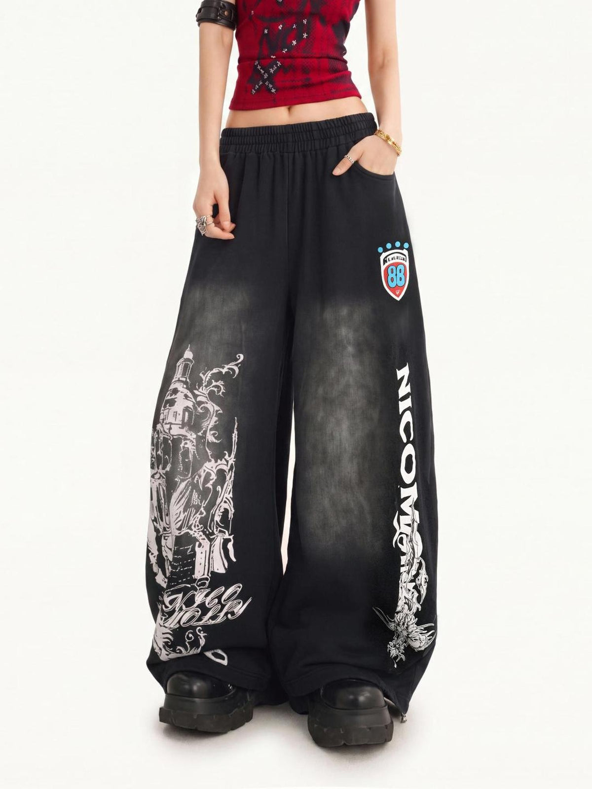 Nico Molly Street Hip Hop Print Loose Natural Waist Women&