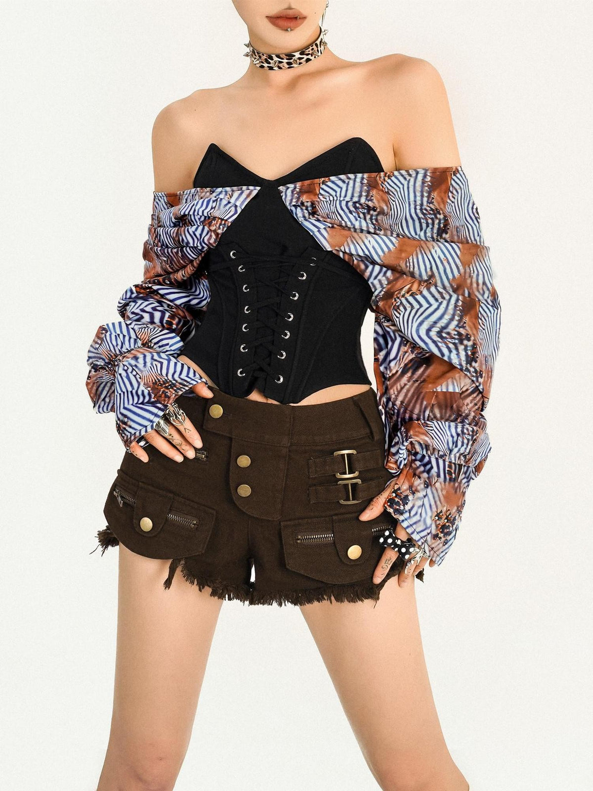 Nico Molly Striped Corset Waist Zipper Backless Women&