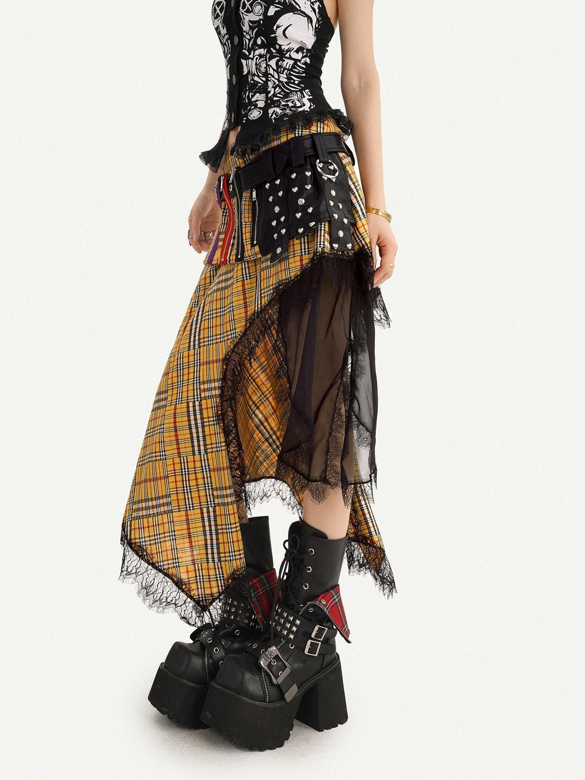 Nico Molly Tartan Plaid Lace Patchwork Asymmetrical Punk Women&