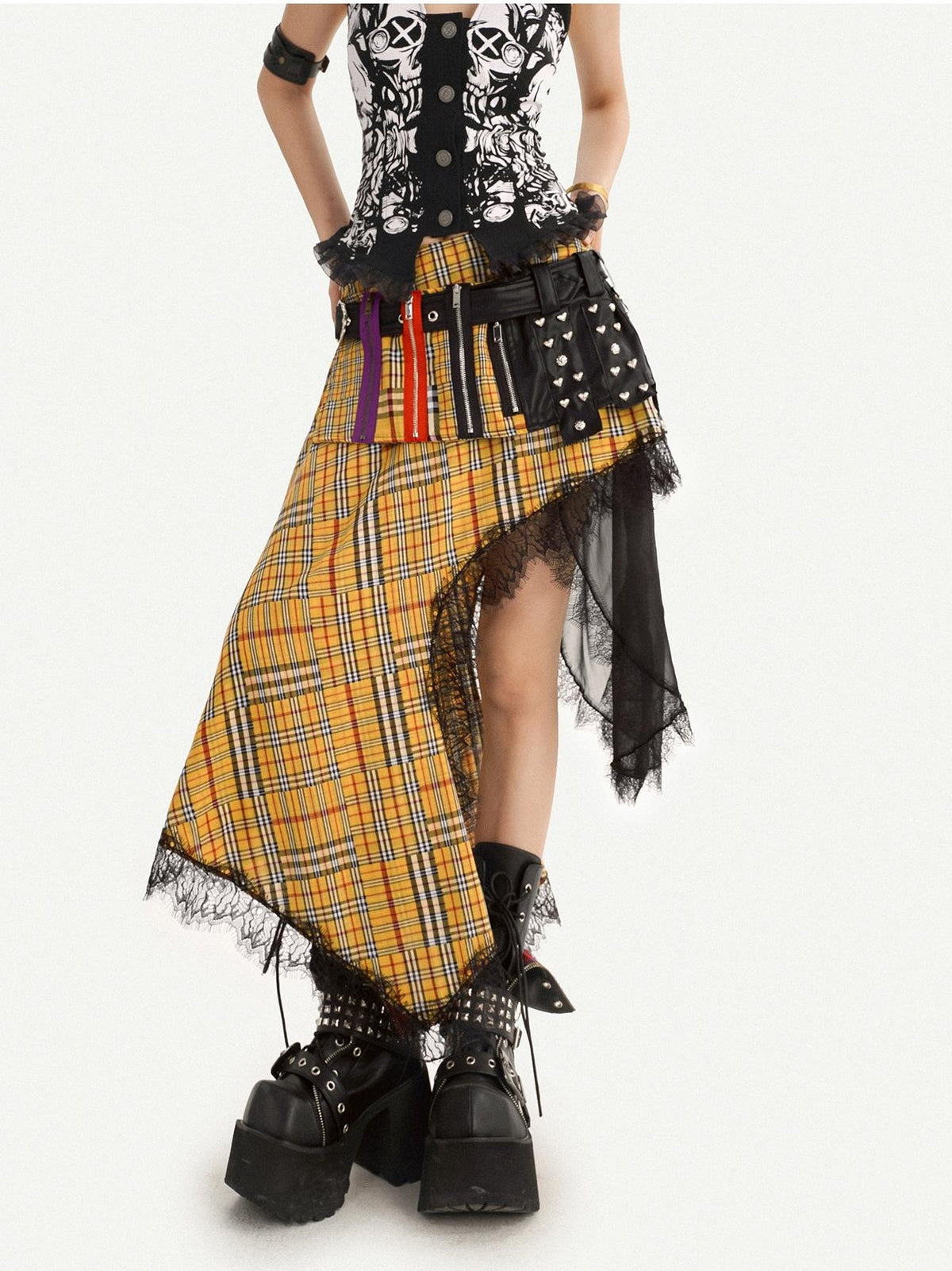 Nico Molly Tartan Plaid Lace Patchwork Asymmetrical Punk Women&