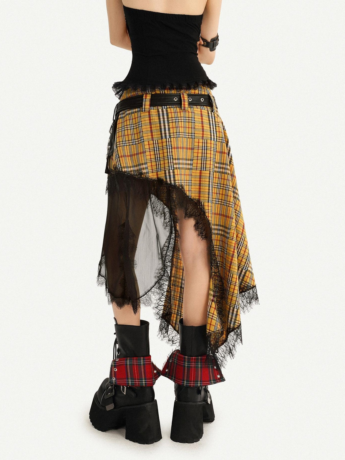 Nico Molly Tartan Plaid Lace Patchwork Asymmetrical Punk Women&