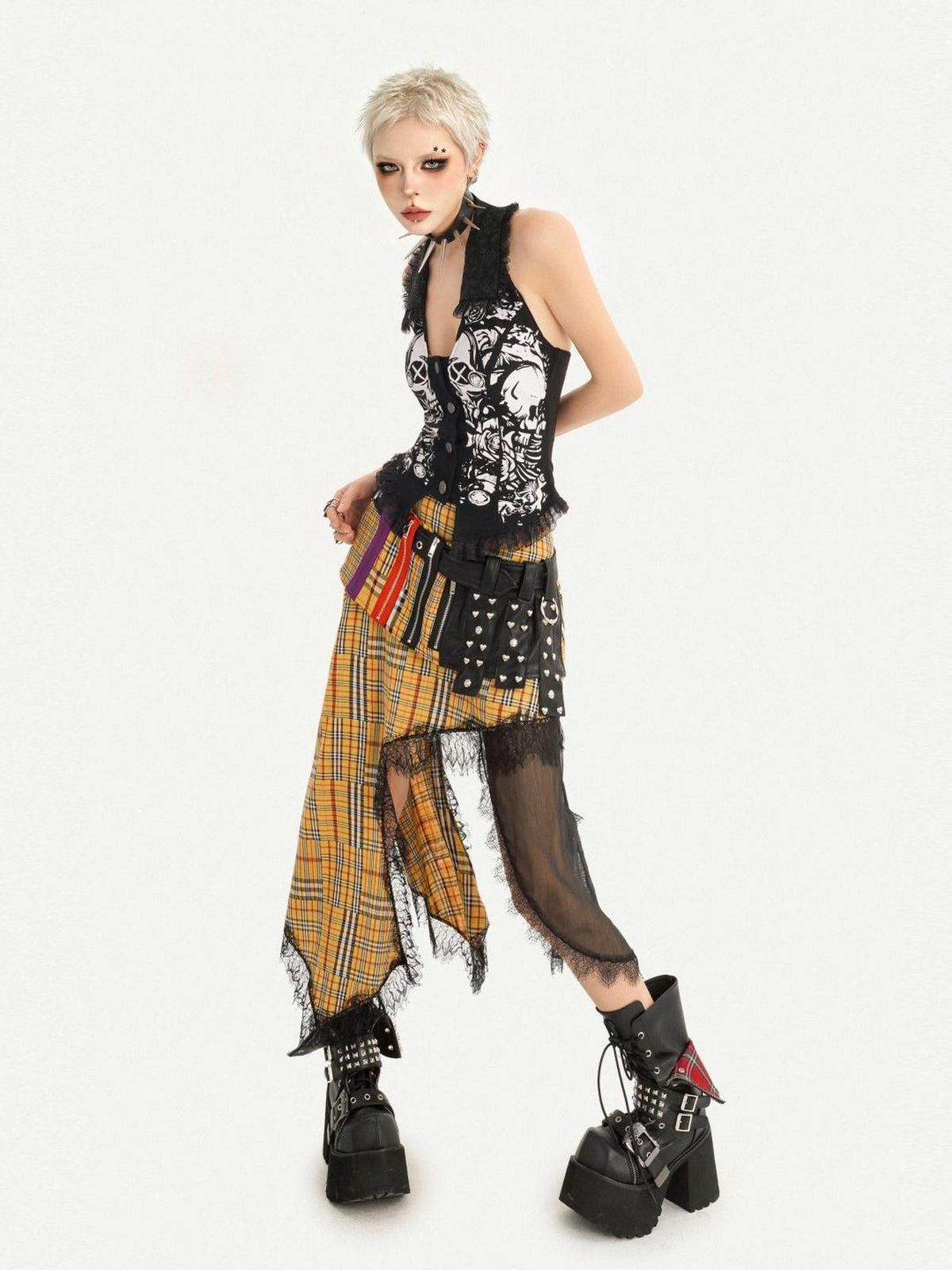 Nico Molly Tartan Plaid Lace Patchwork Asymmetrical Punk Women&