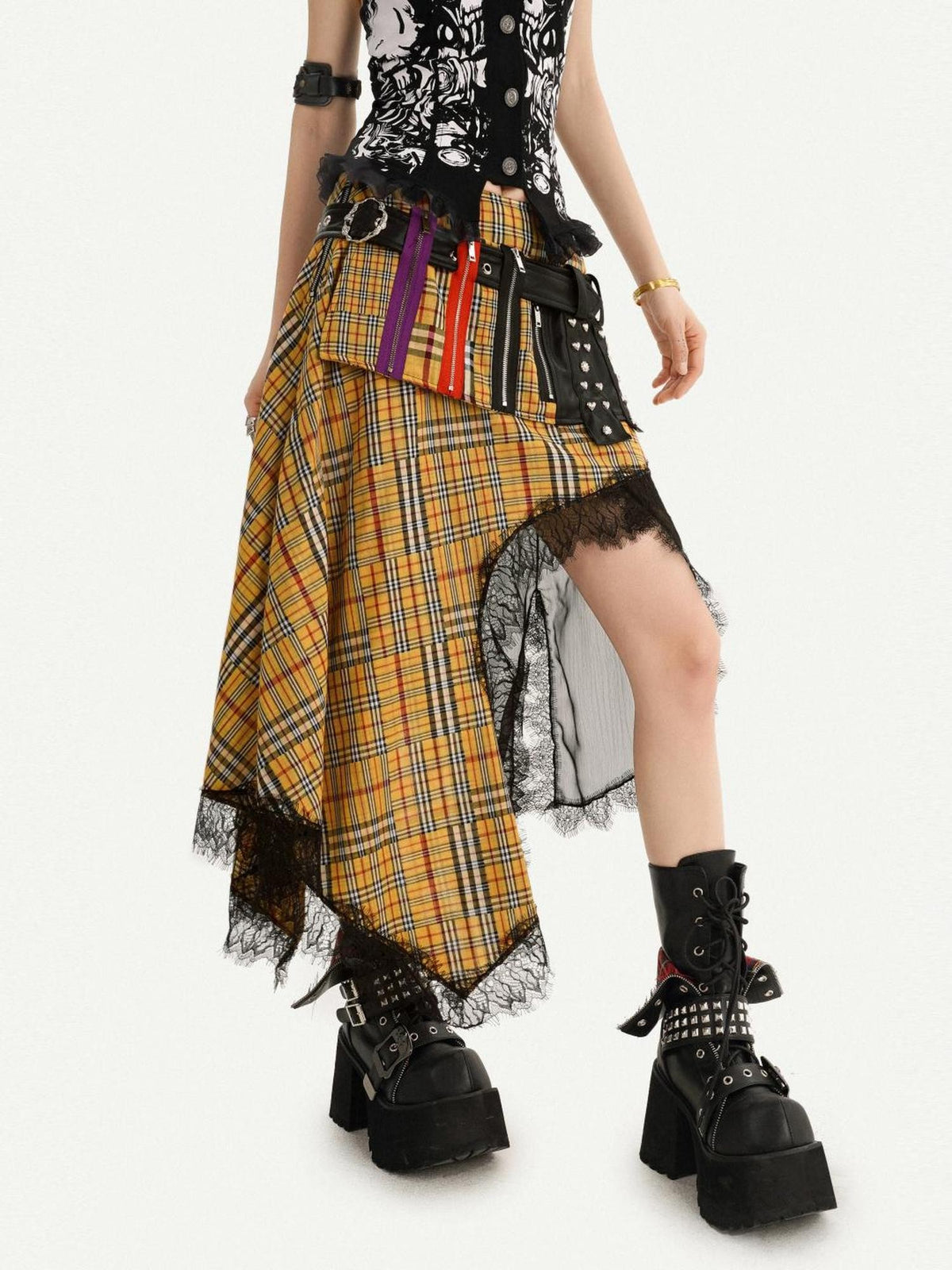 Nico Molly Tartan Plaid Lace Patchwork Asymmetrical Punk Women&