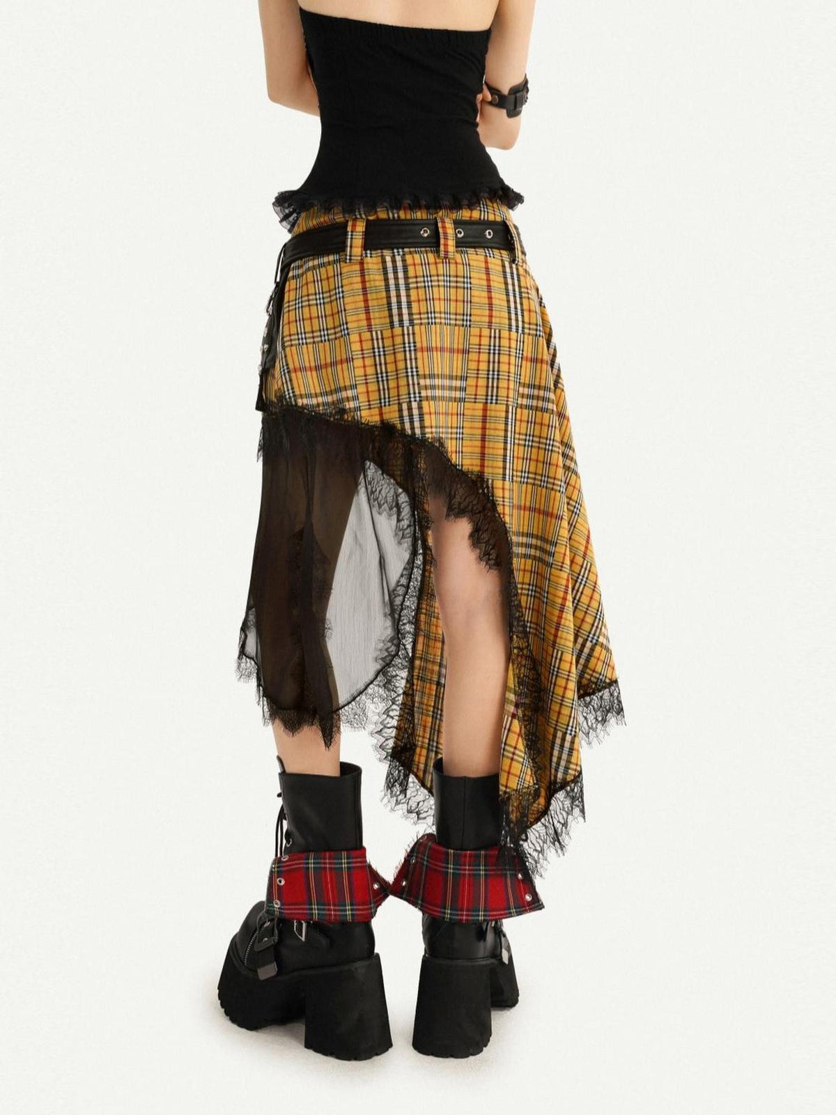Nico Molly Tartan Plaid Lace Patchwork Asymmetrical Punk Women&