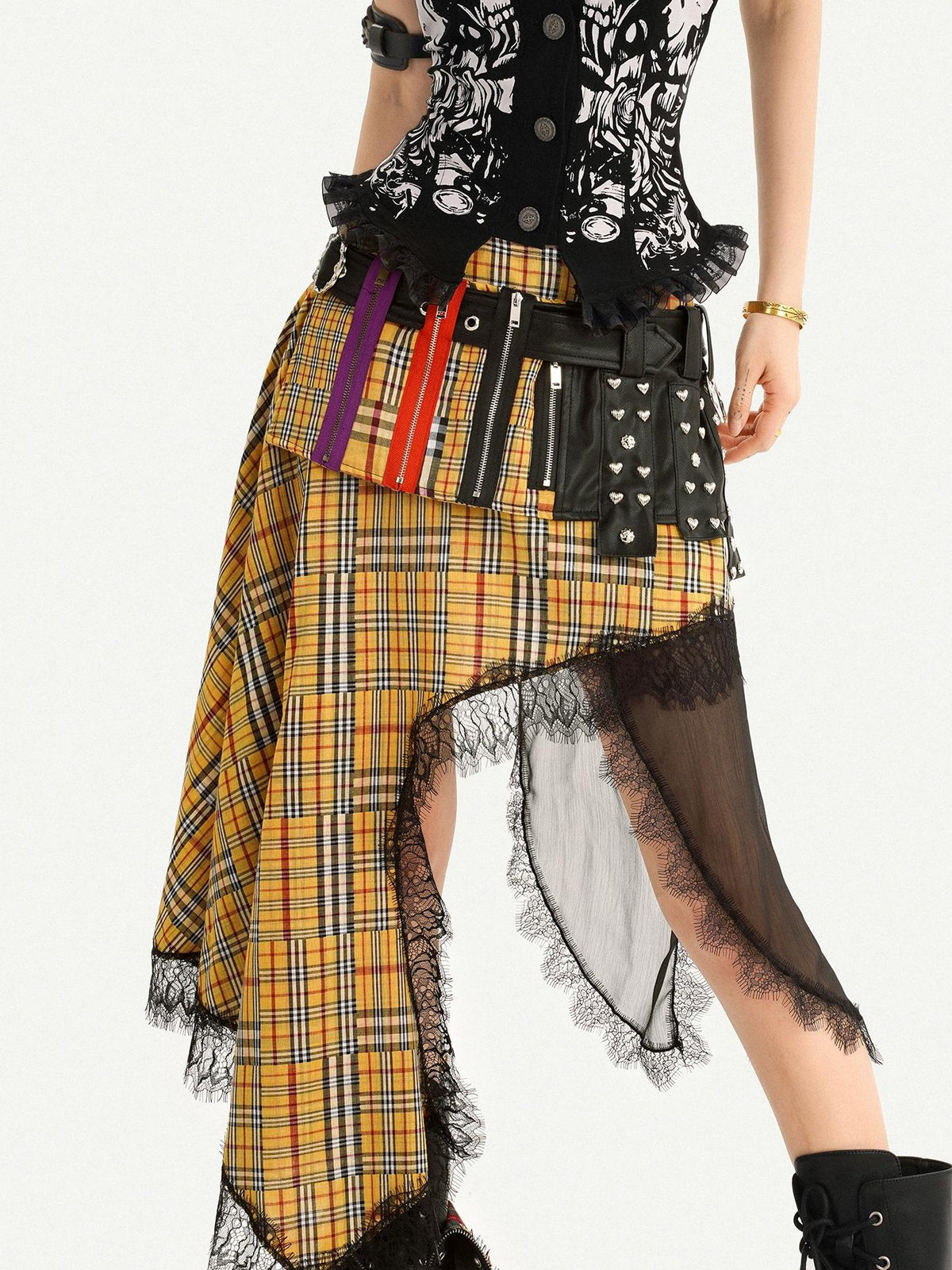 Nico Molly Tartan Plaid Lace Patchwork Asymmetrical Punk Women&