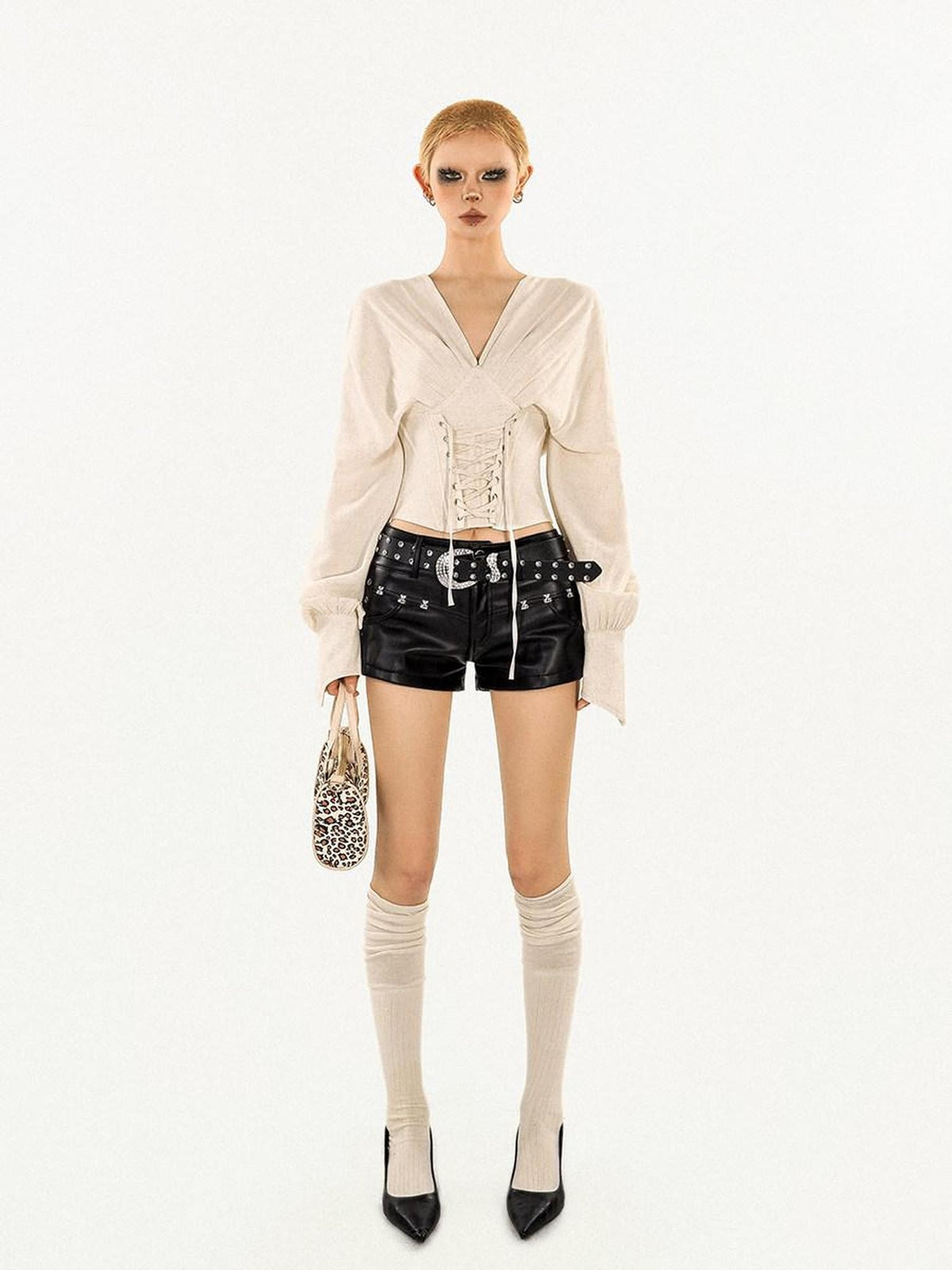 Nico Molly Vintage Fishbone Waist Tie V-neck Slim Women&