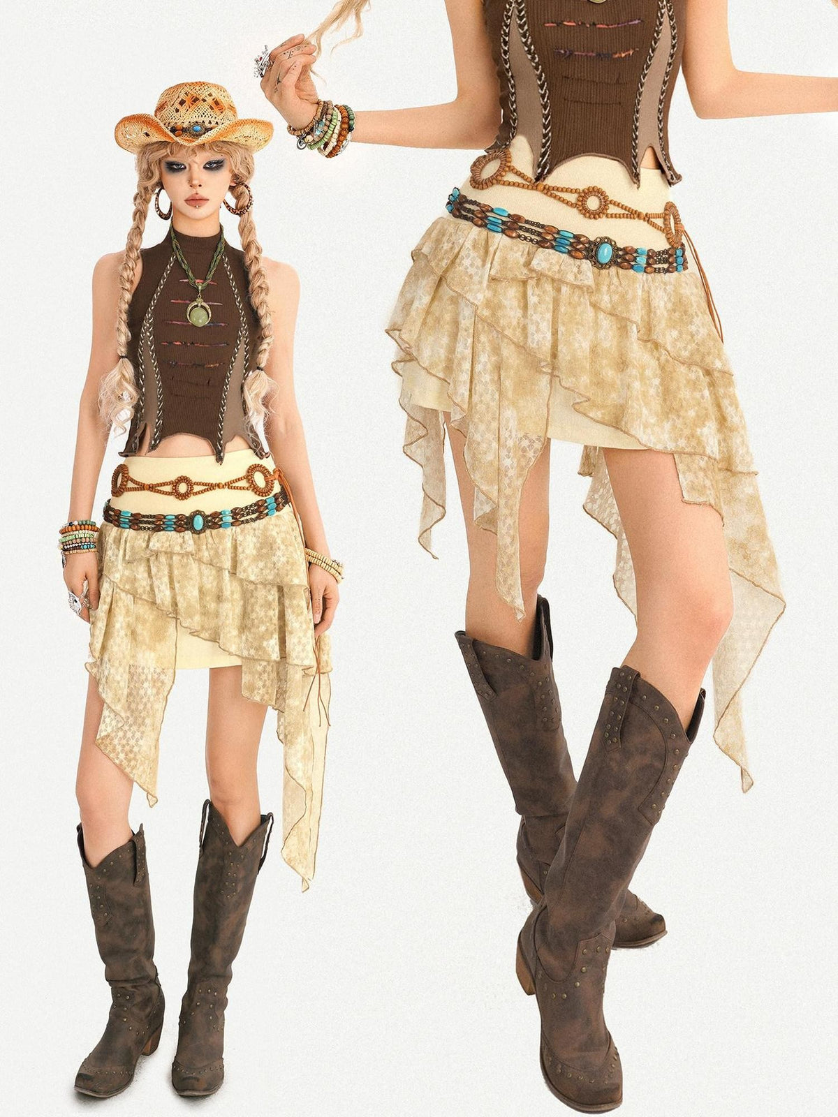 Nico Molly Vintage Hippie Ruffled Asymmetric High Waist Lined Women&