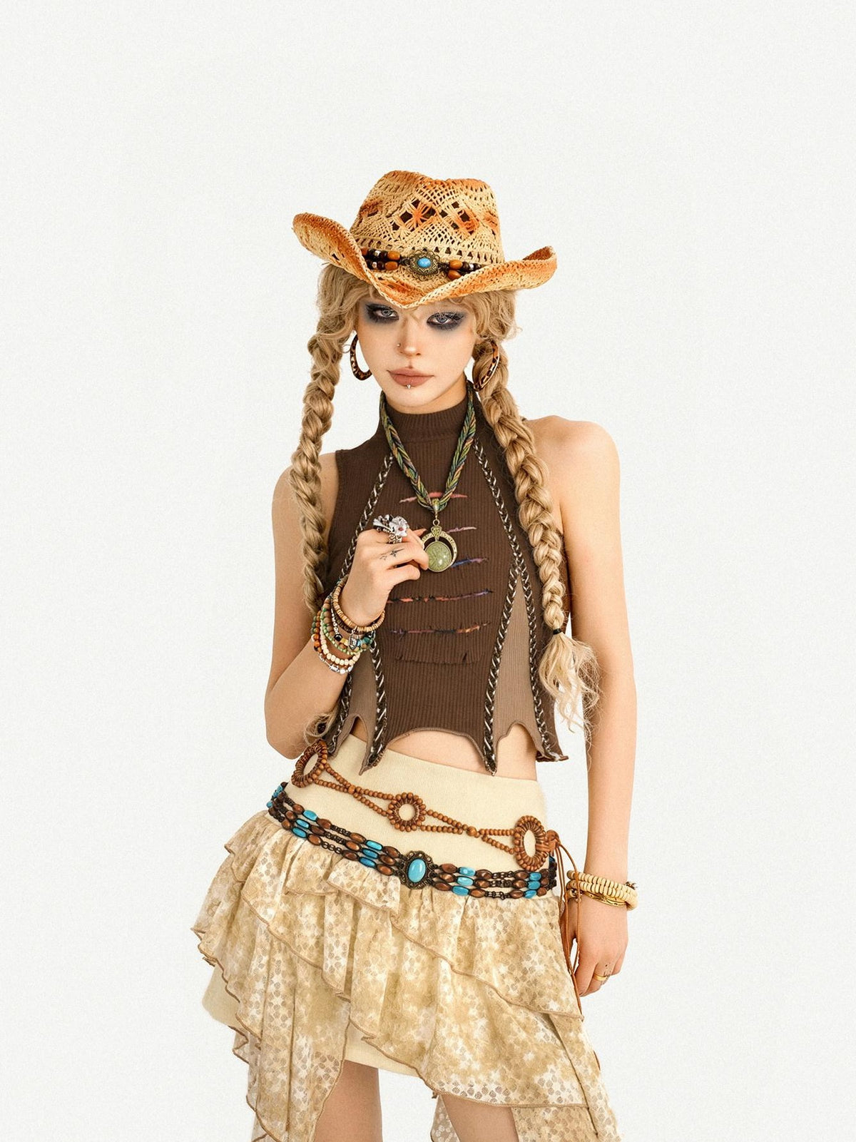 Nico Molly Vintage Hippie Ruffled Asymmetric High Waist Lined Women&