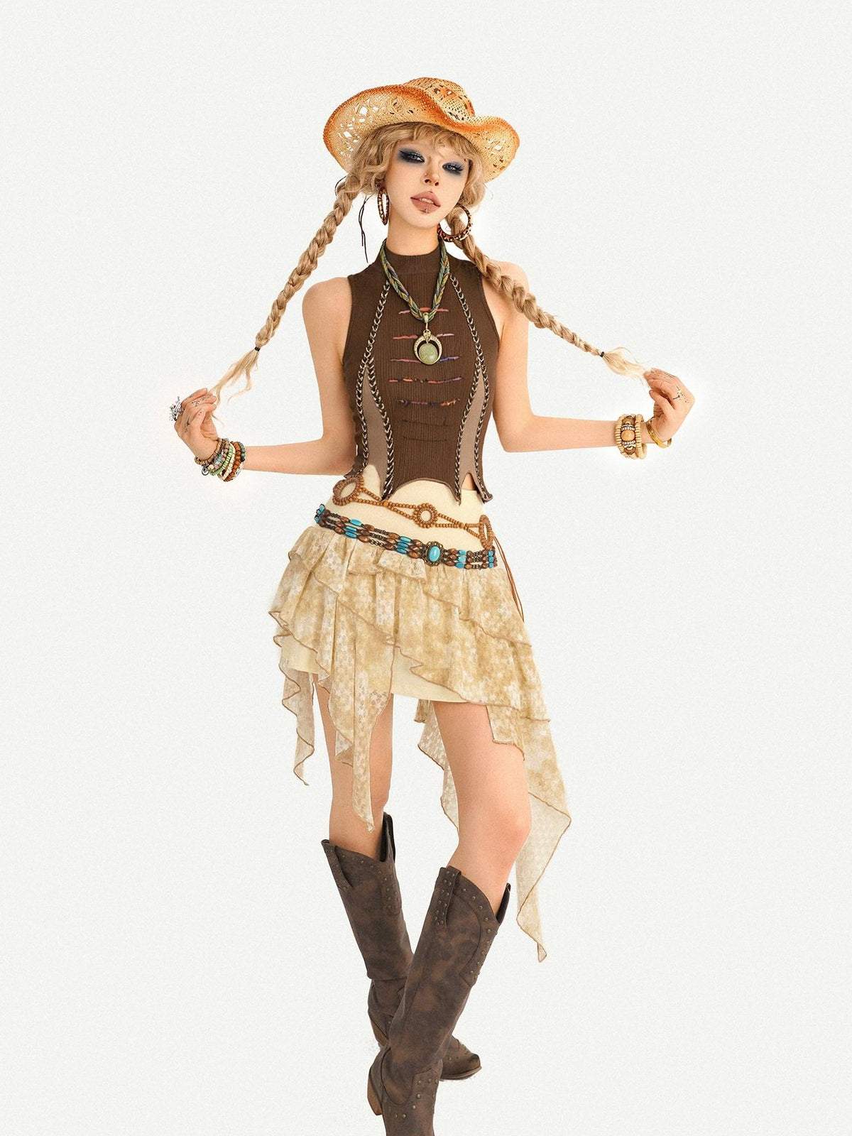 Nico Molly Vintage Hippie Ruffled Asymmetric High Waist Lined Women&