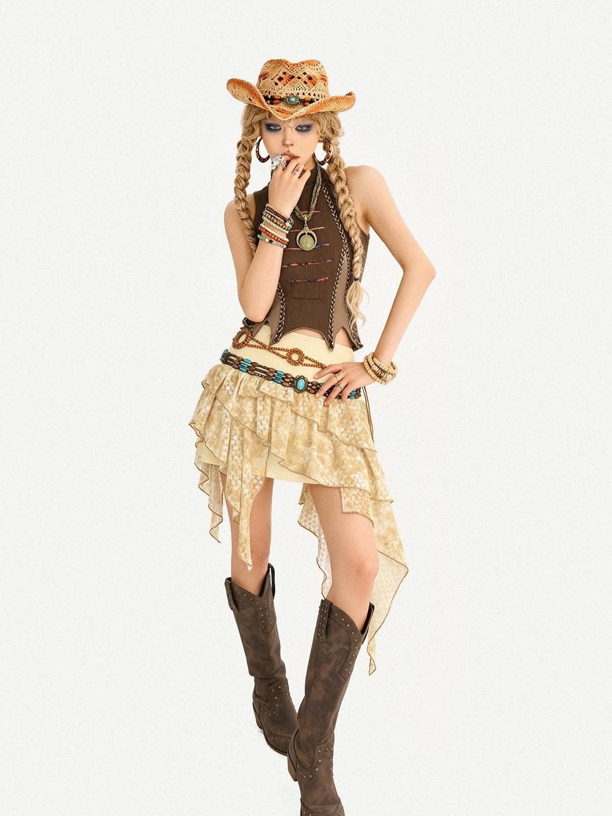 Nico Molly Vintage Hippie Ruffled Asymmetric High Waist Lined Women&