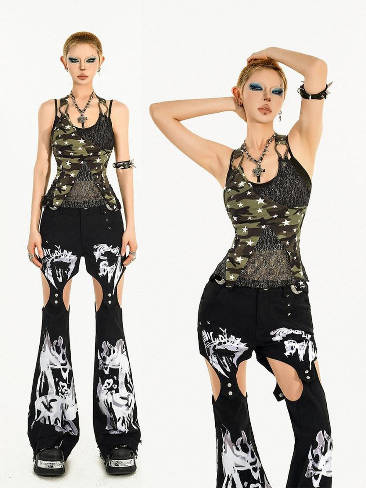 Nico Molly Vintage Patchwork Camouflage Two Piece Illusion Women&