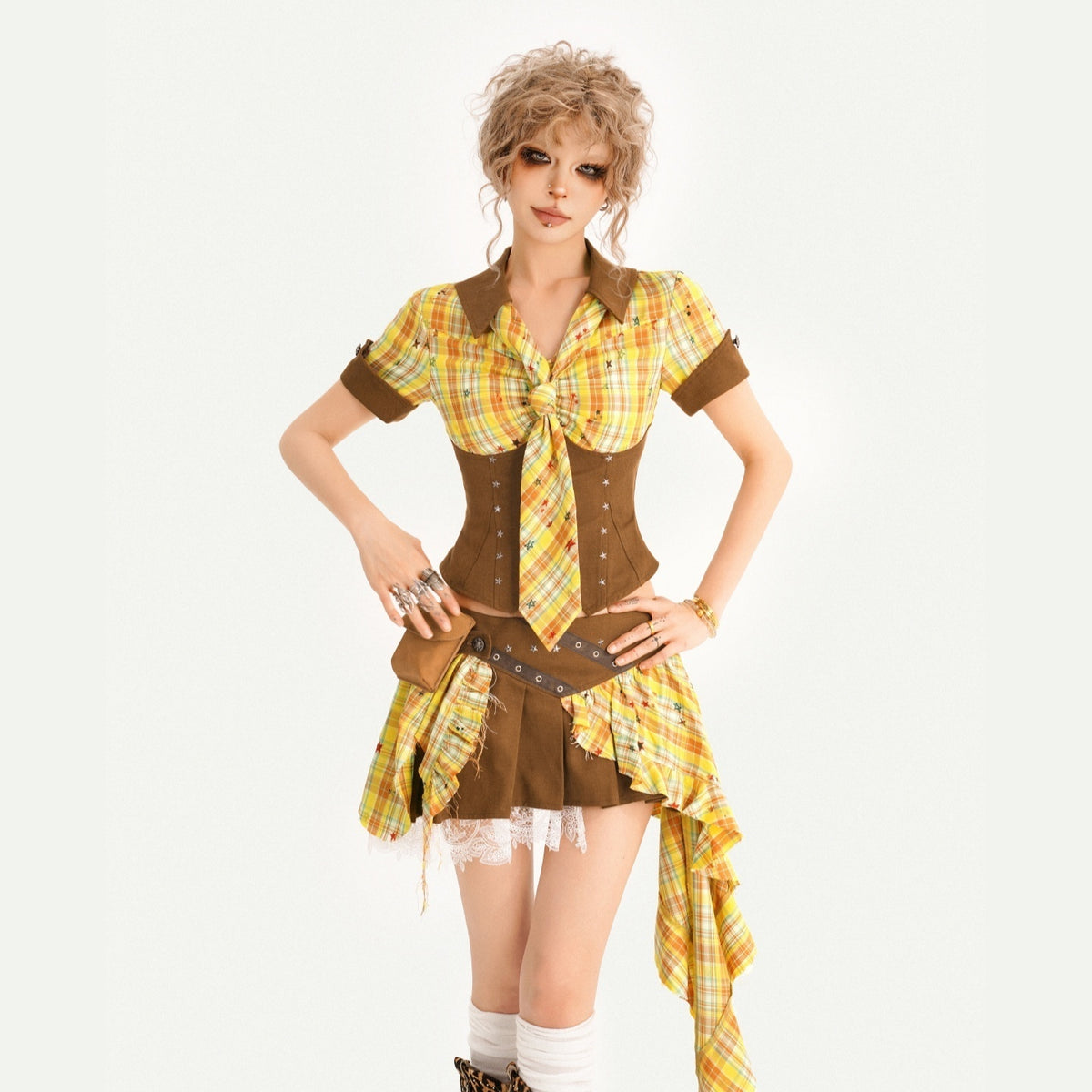 Nico_Molly_Vintage_Plaid_Patchwork_Pleated_High_Waist_Shirt_Women&