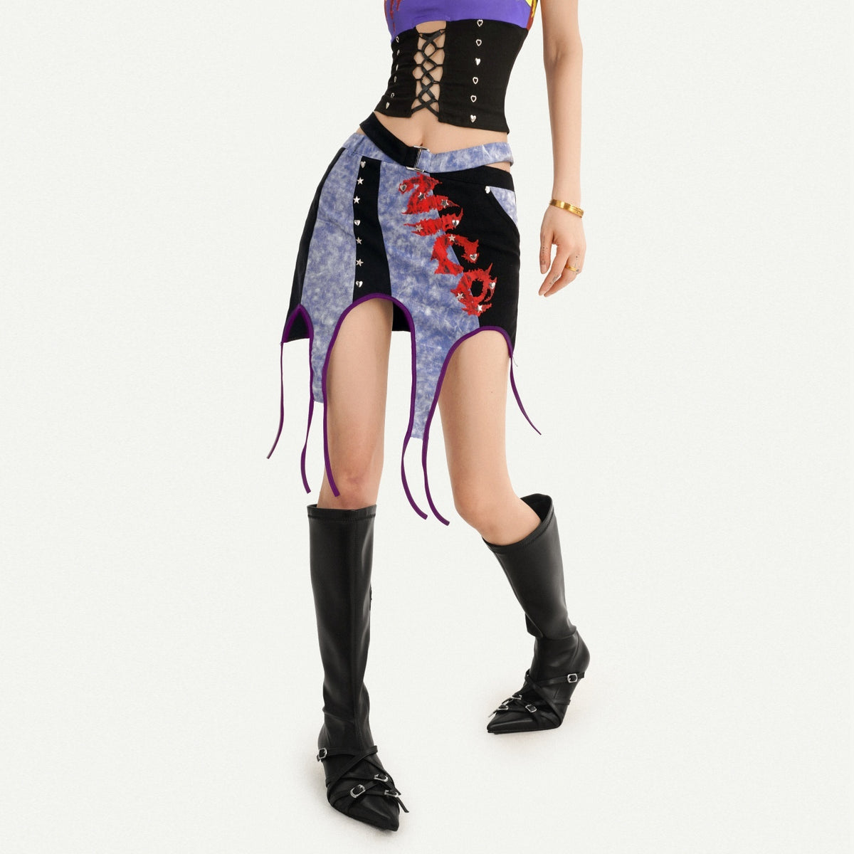 Nico_Molly_Vintage_Plaid_Punk_Asymmetrical_Patchwork_Low_Waist_Women&