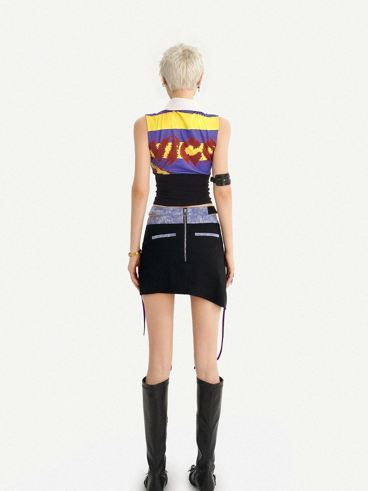 Nico Molly Vintage Plaid Punk Asymmetrical Patchwork Low Waist Women&