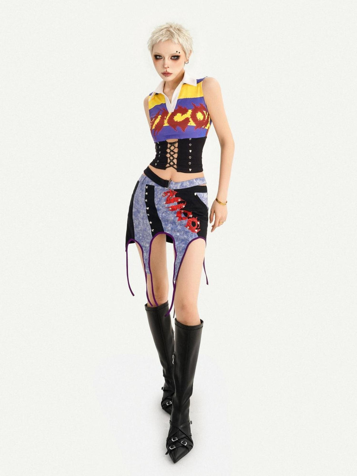 Nico Molly Vintage Plaid Punk Asymmetrical Patchwork Low Waist Women&