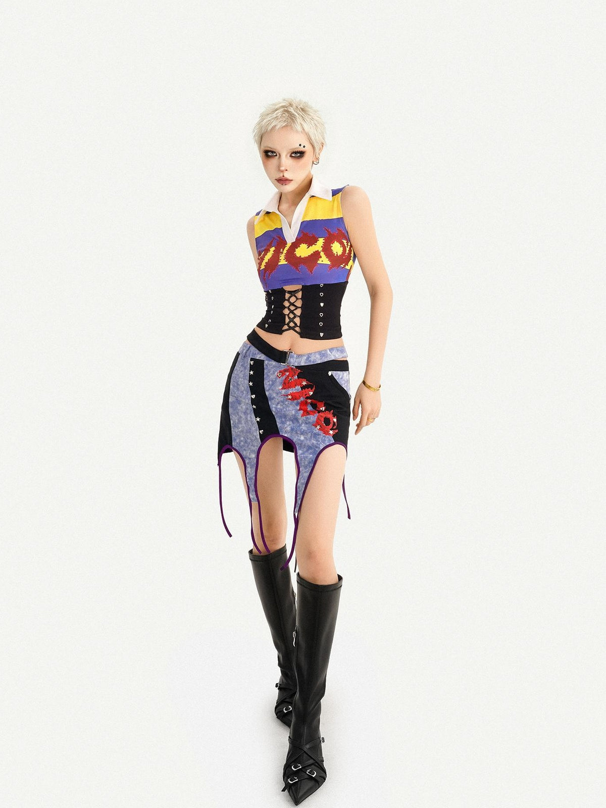 Nico Molly Vintage Plaid Punk Asymmetrical Patchwork Low Waist Women&