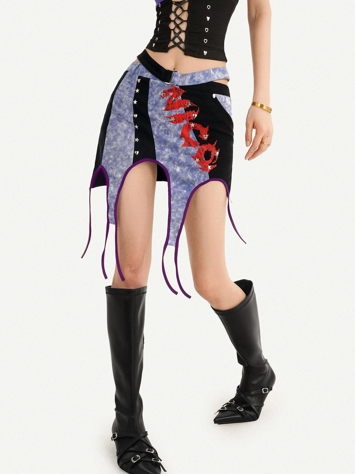 Nico Molly Vintage Plaid Punk Asymmetrical Patchwork Low Waist Women&