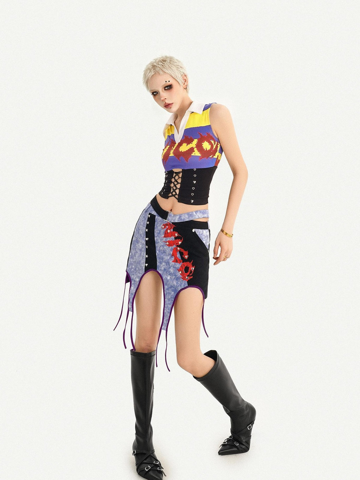 Nico Molly Vintage Plaid Punk Asymmetrical Patchwork Low Waist Women&