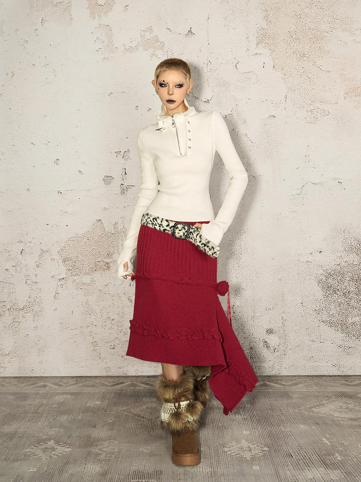 Nico Molly Vintage Red Irregular Hem Side Slit A Line Women&