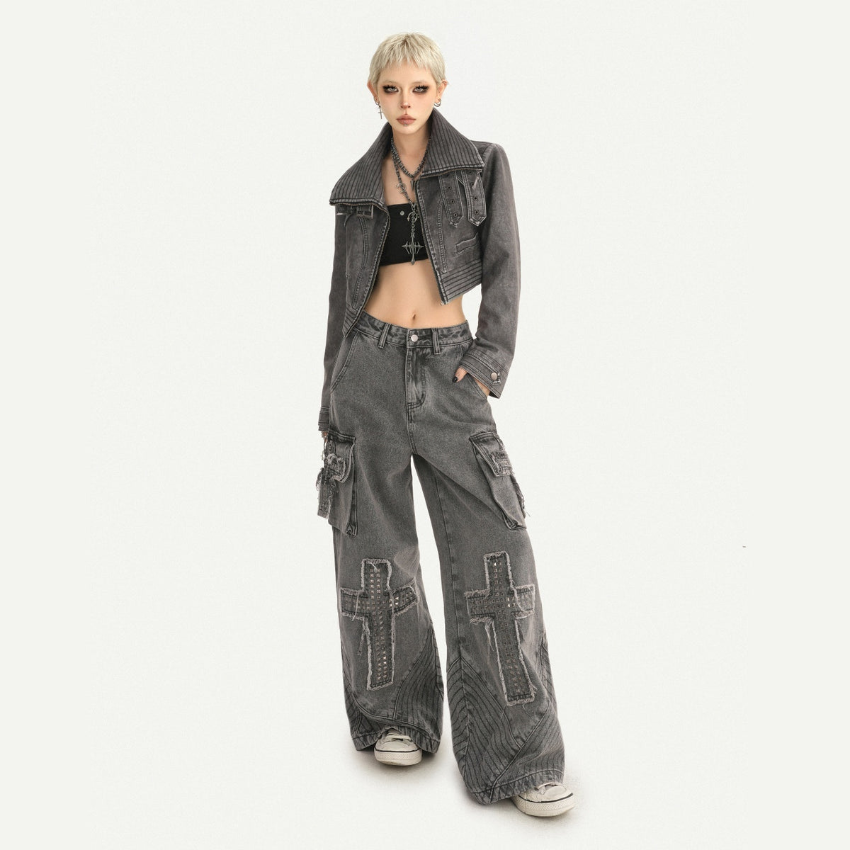 Nico_Molly_Vintage_Washed_Stand_Collar_Zipper_Short_Slim_Women&