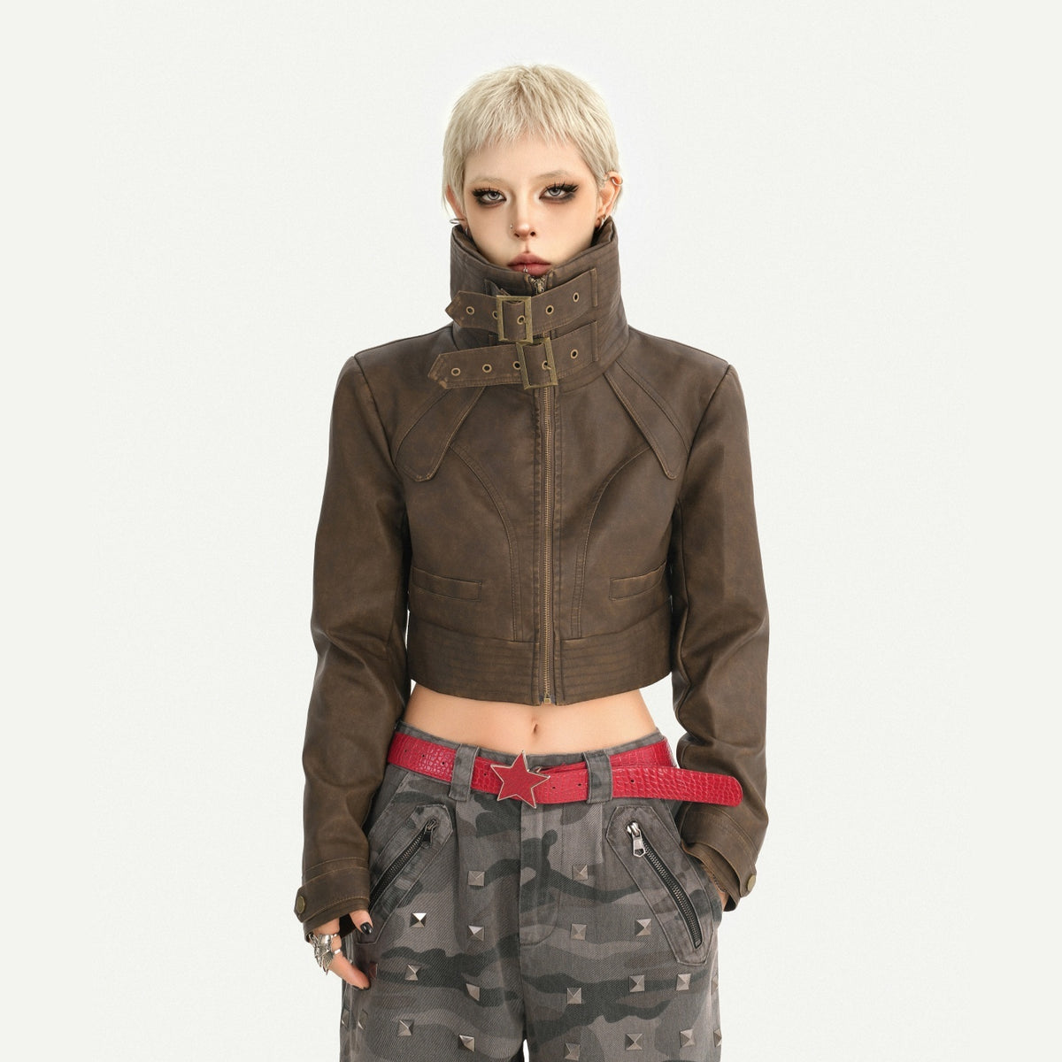 Nico_Molly_Vintage_Washed_Stand_Collar_Zipper_Short_Slim_Women&