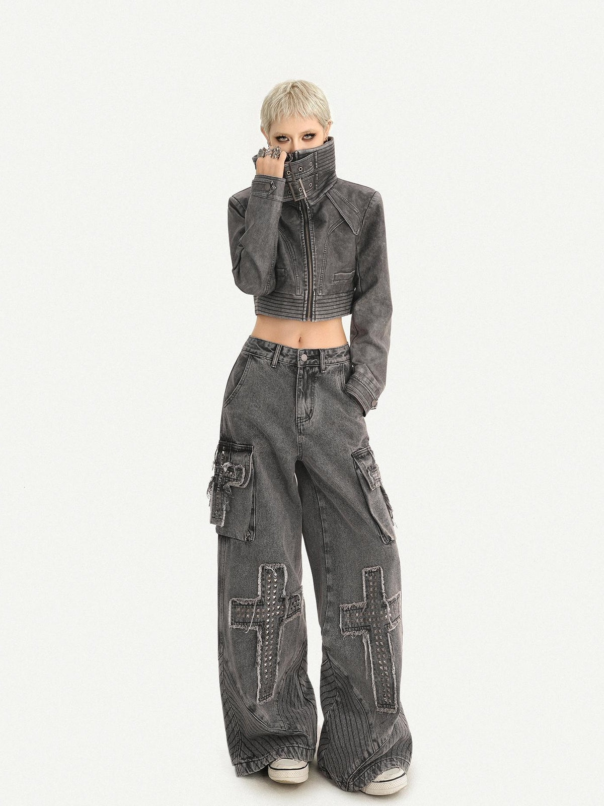 Nico Molly Vintage Washed Stand Collar Zipper Short Slim Women&