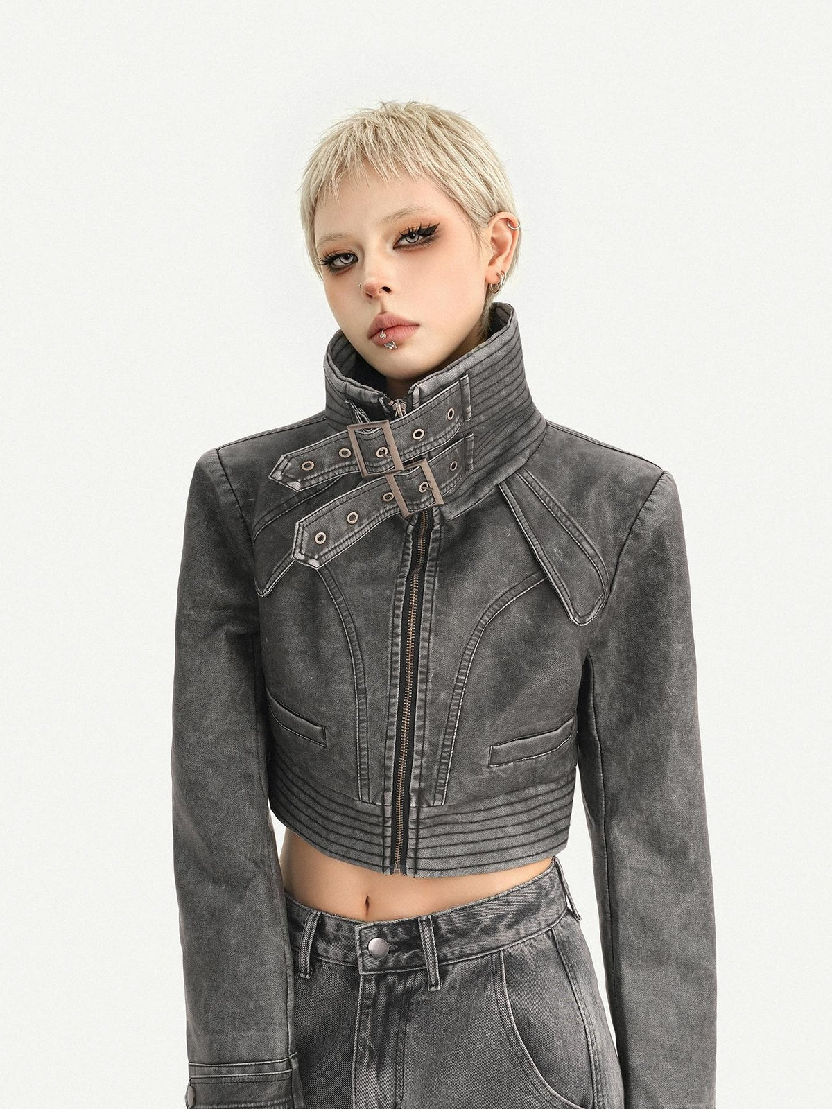 Nico Molly Vintage Washed Stand Collar Zipper Short Slim Women&