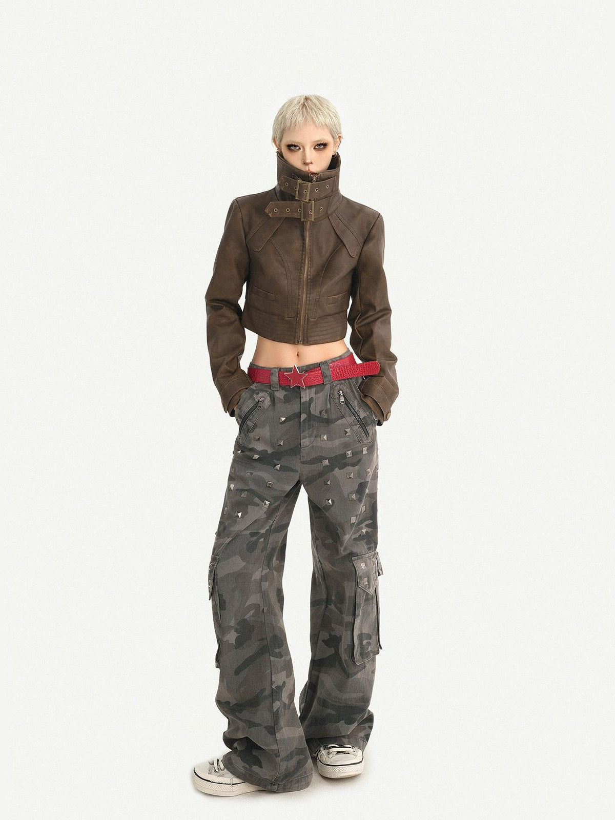 Nico Molly Vintage Washed Stand Collar Zipper Short Slim Women&