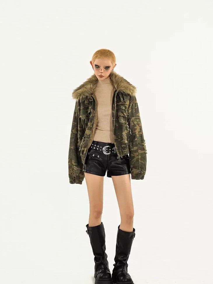 Nico Molly Washed Camo Distressed Detachable Fur Collar Women&