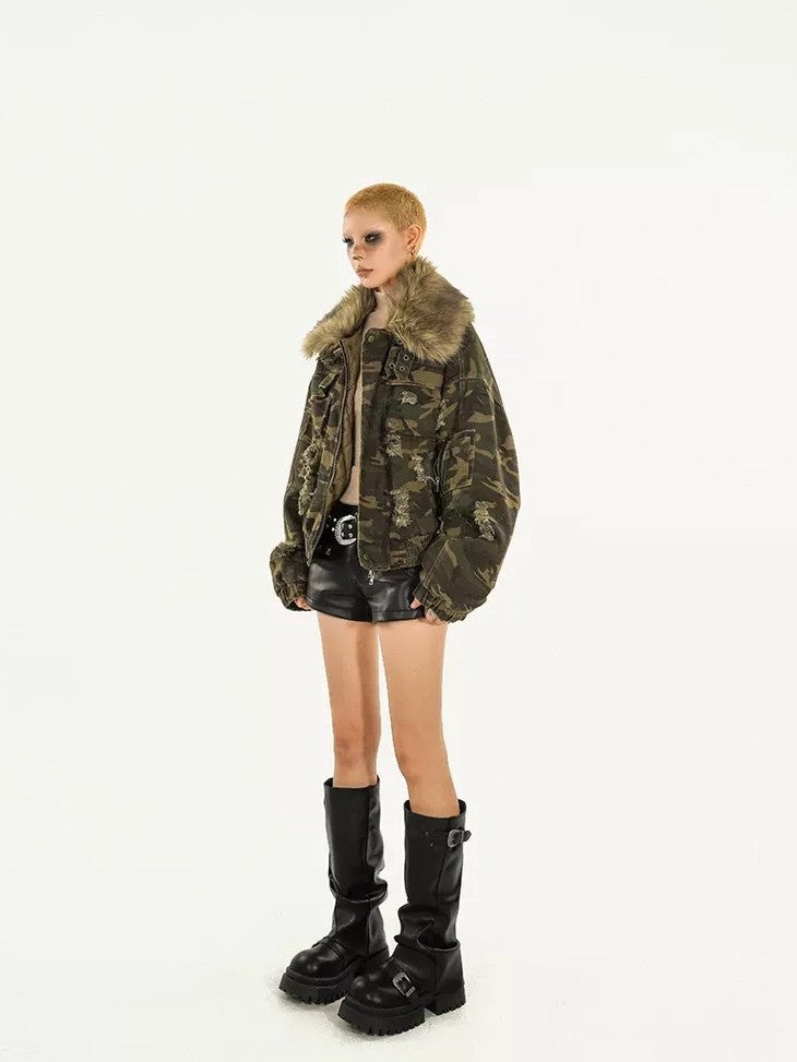 Nico Molly Washed Camo Distressed Detachable Fur Collar Women&