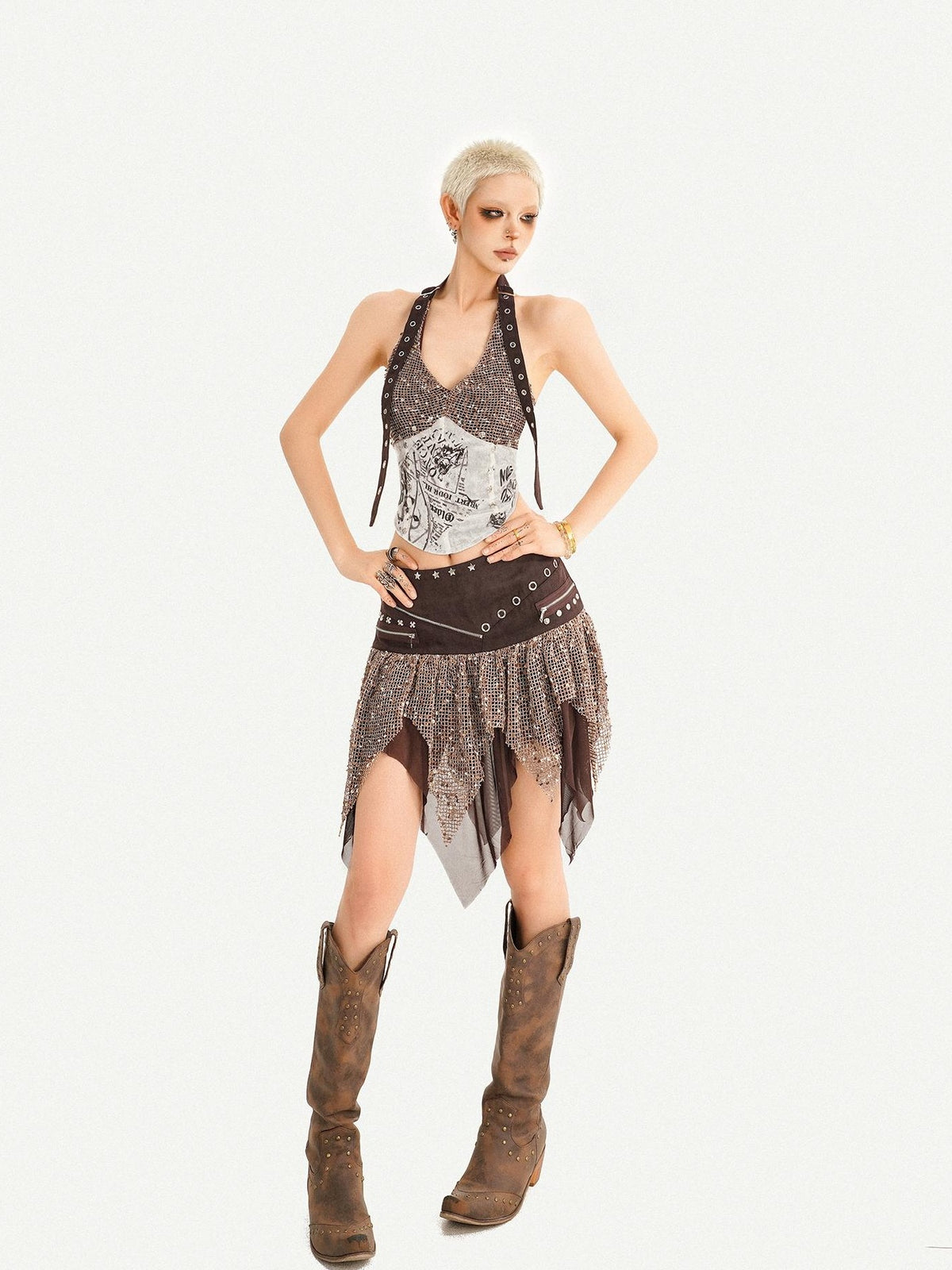 Nico Molly Western Cowboy Asymmetric Distressed Low Waist Women&