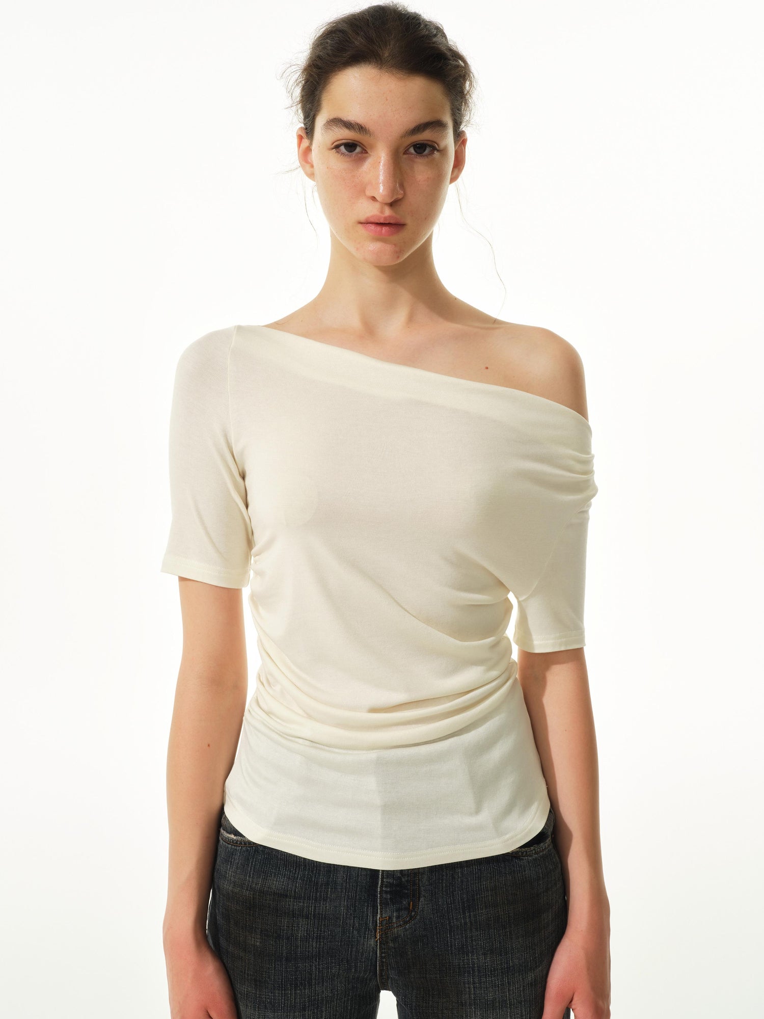 Northbutsouth Asymmetric Ruffle Hem Soft Fitted Top