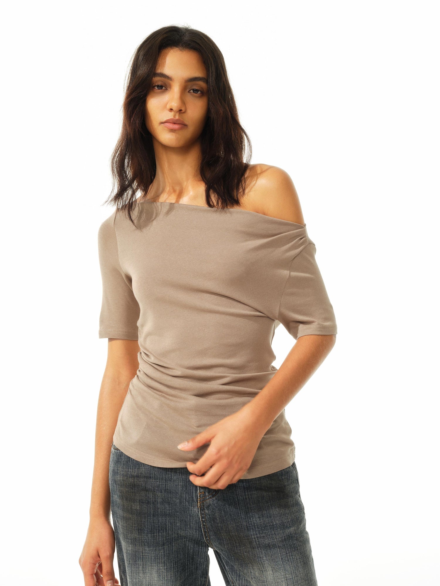 Northbutsouth Asymmetric Ruffle Hem Soft Fitted Top