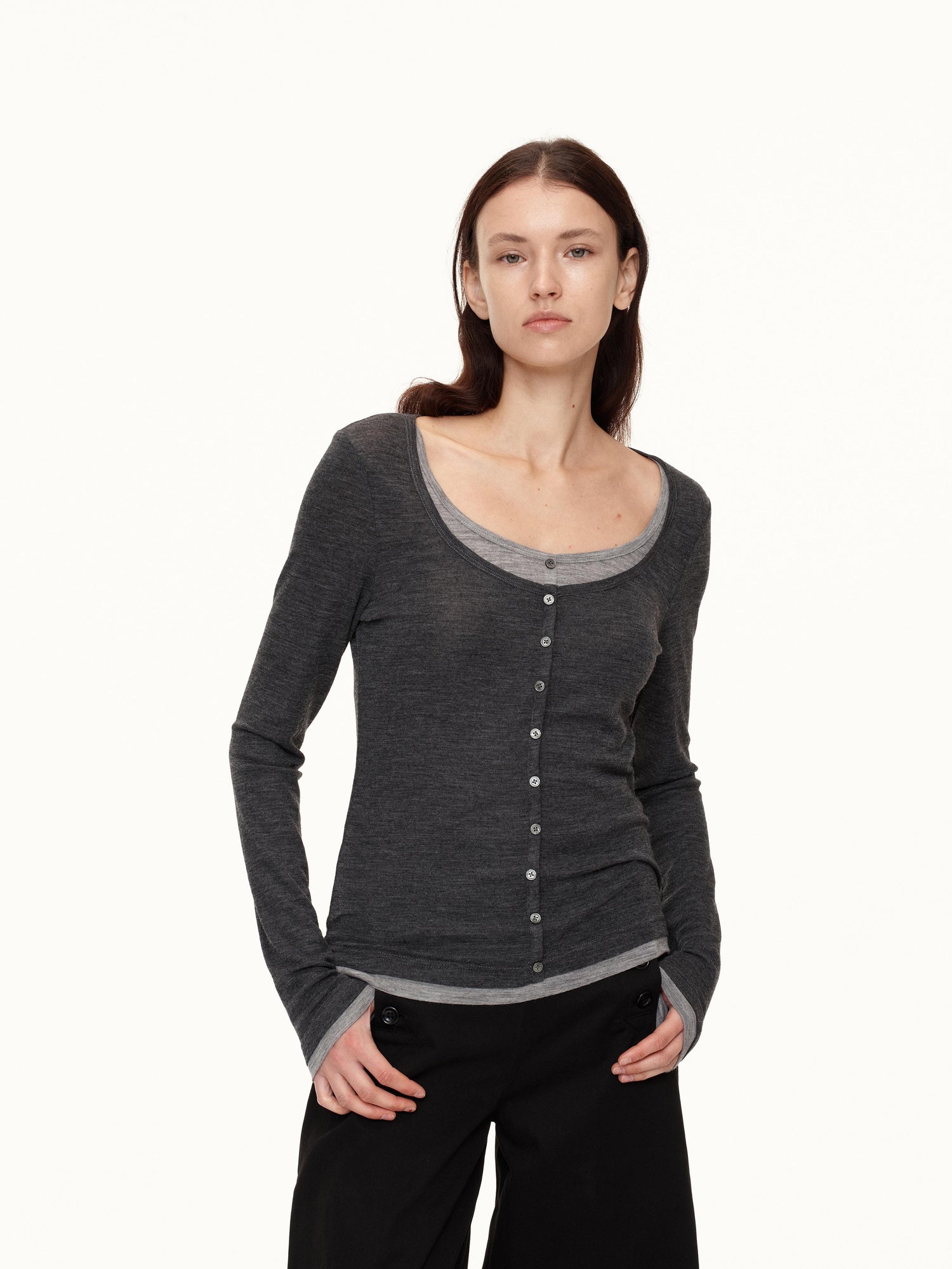 Northbutsouth Australian Wool V-neck Color Block Layered Knit Top