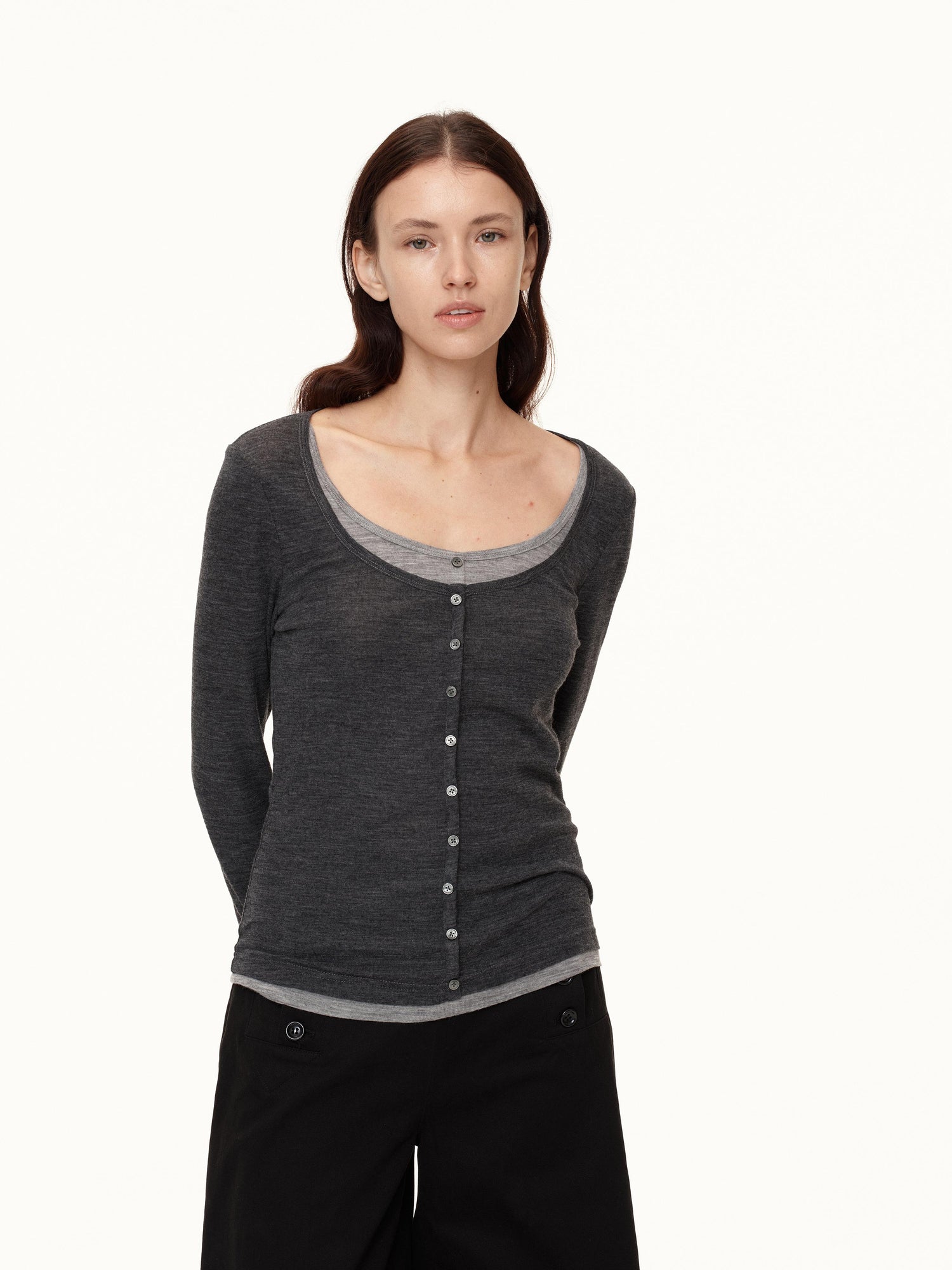 Northbutsouth Australian Wool V-neck Color Block Layered Knit Top
