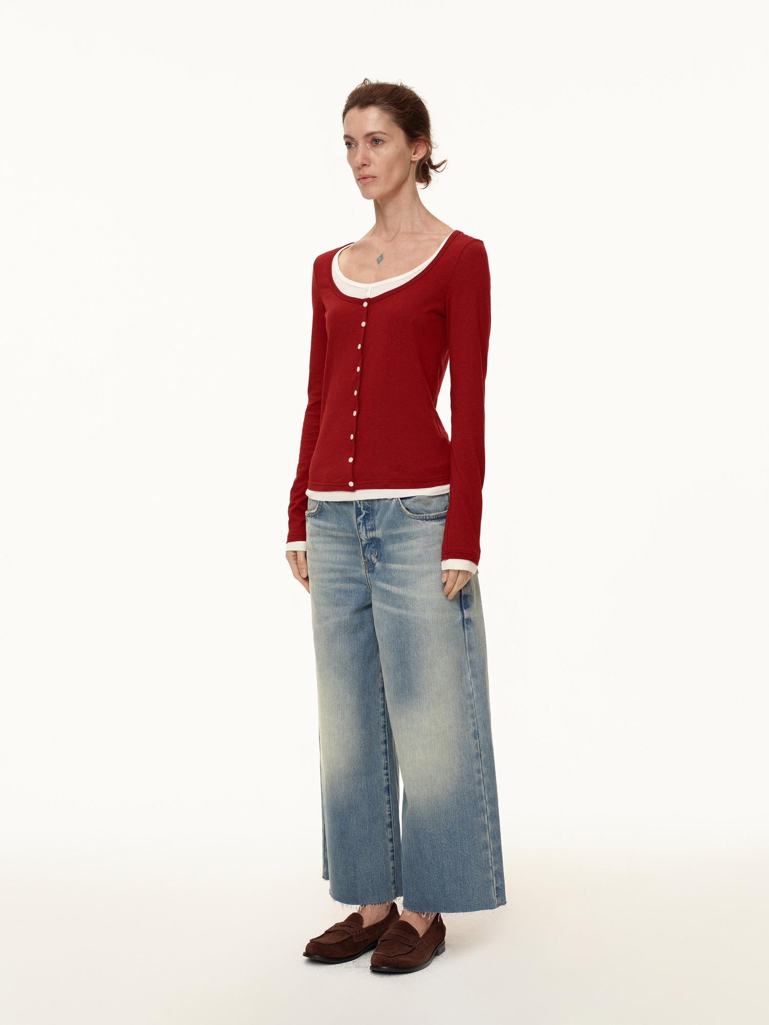 Northbutsouth Australian Wool V-neck Color Block Layered Knit Top