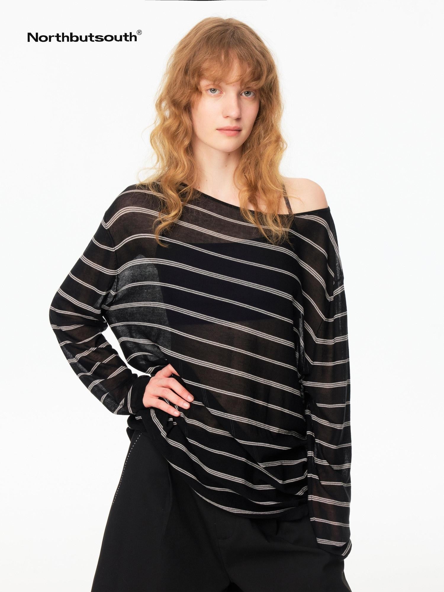 Northbutsouth Black And White Striped Off Shoulder Knit Women&