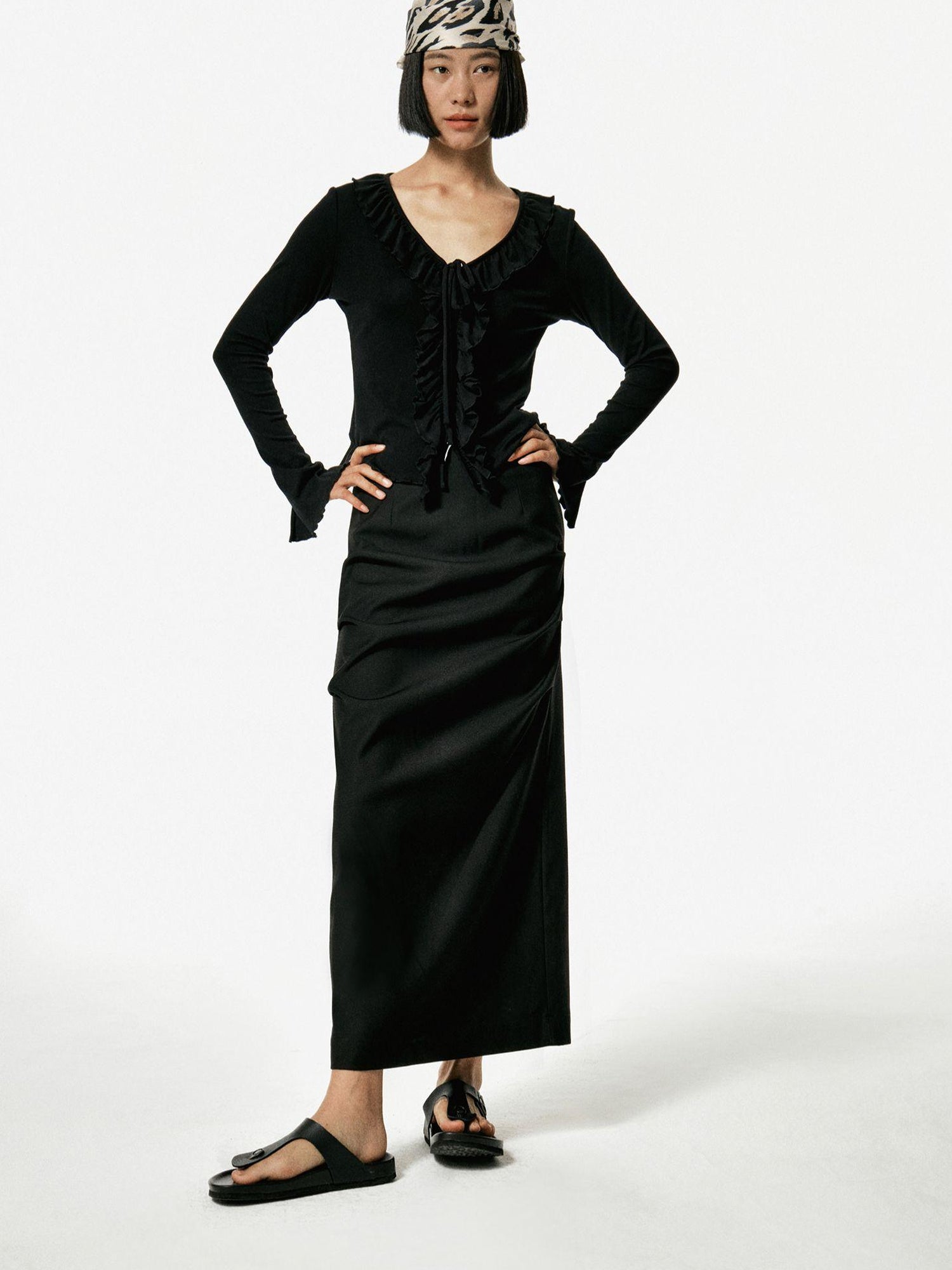 Northbutsouth Black Lace Bow Straight Midi Skirt