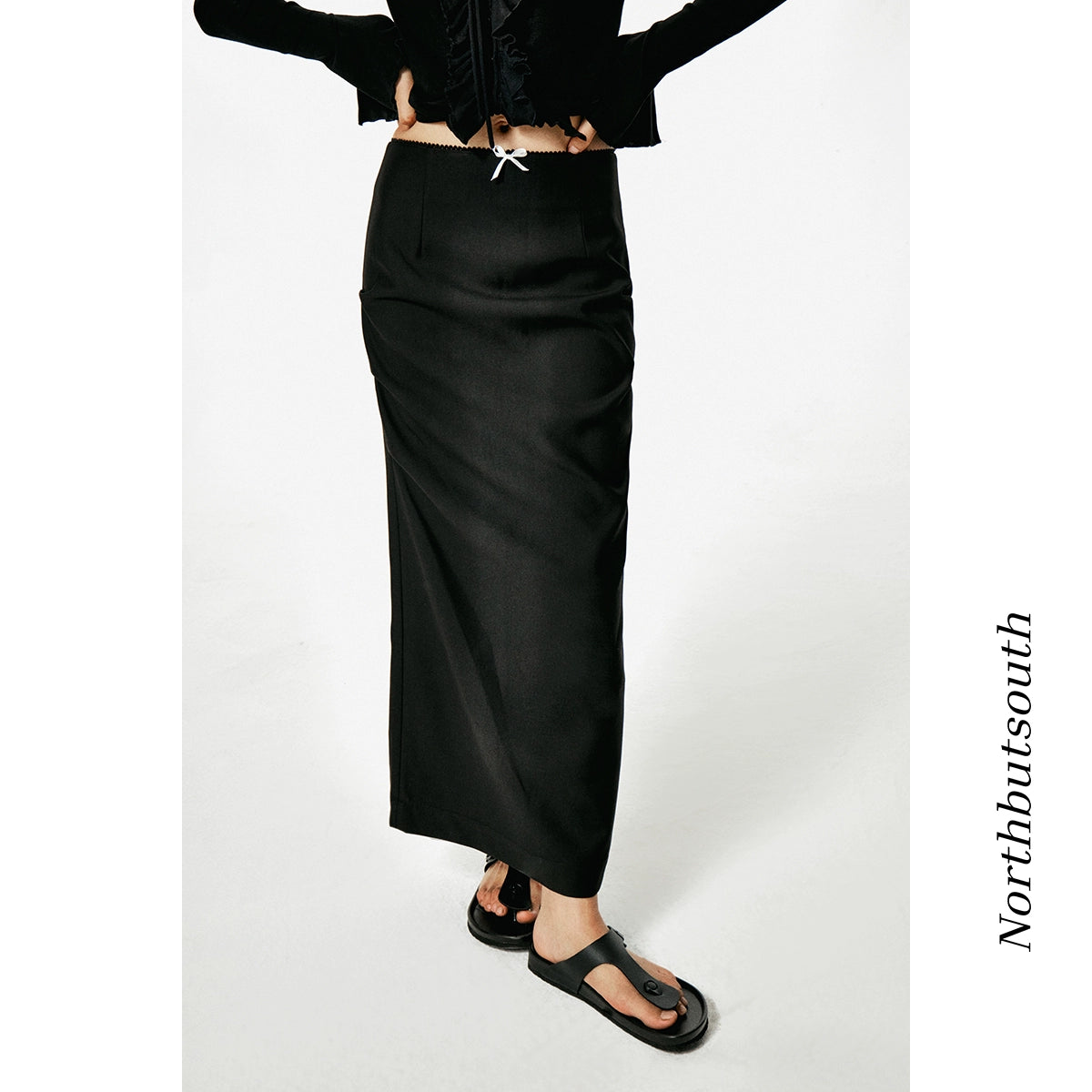 Northbutsouth Black Lace Bow Straight Midi Skirt MISSTT