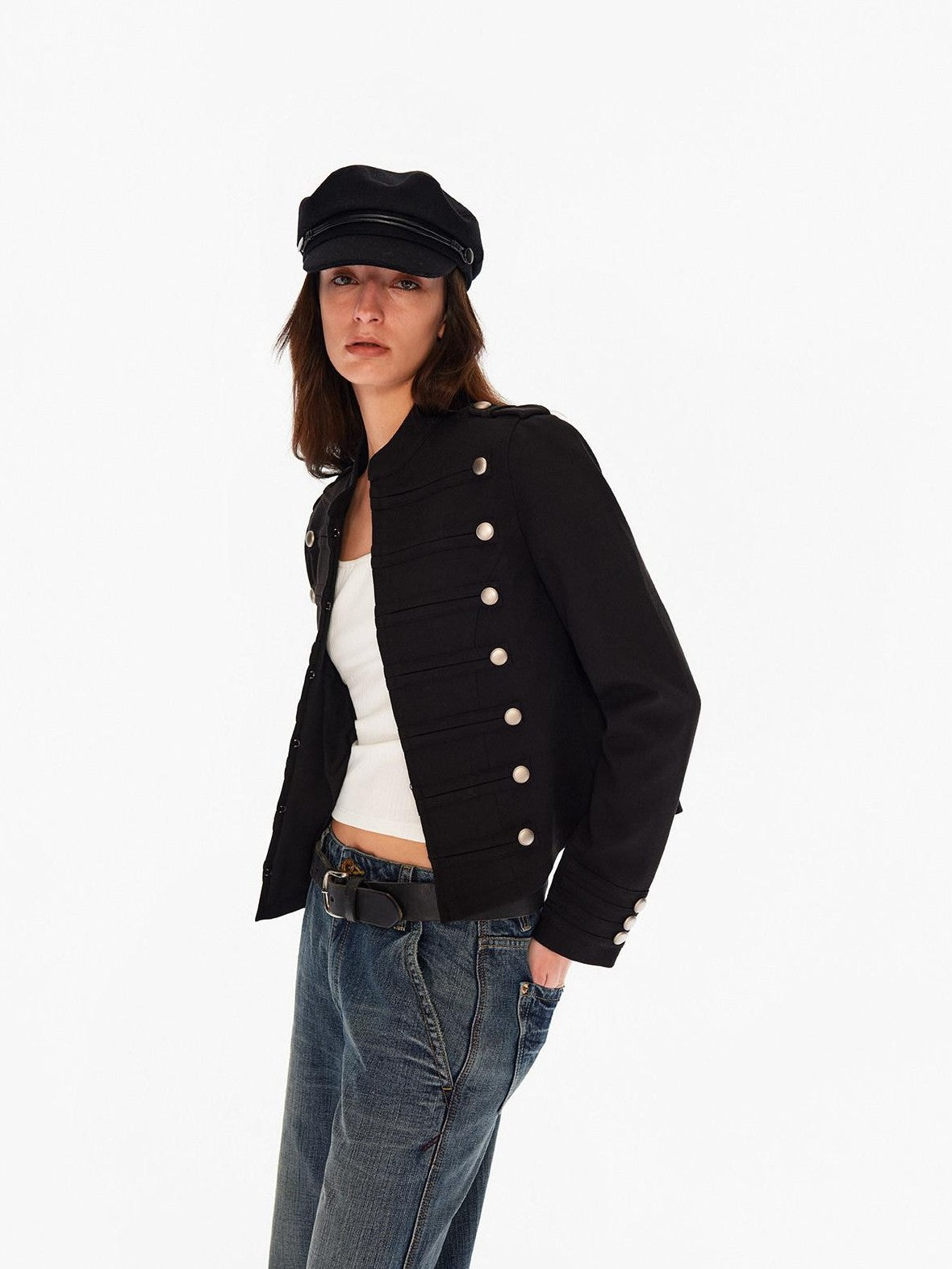 Northbutsouth Black Metal Snap Button Stand Collar Women&