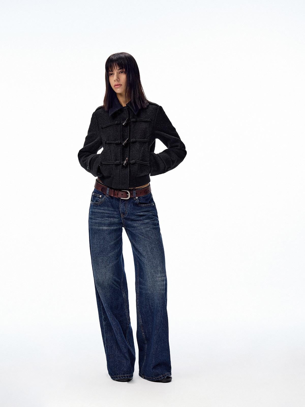 Northbutsouth Black Short Structured Horn Toggle Lapel Slim Women&